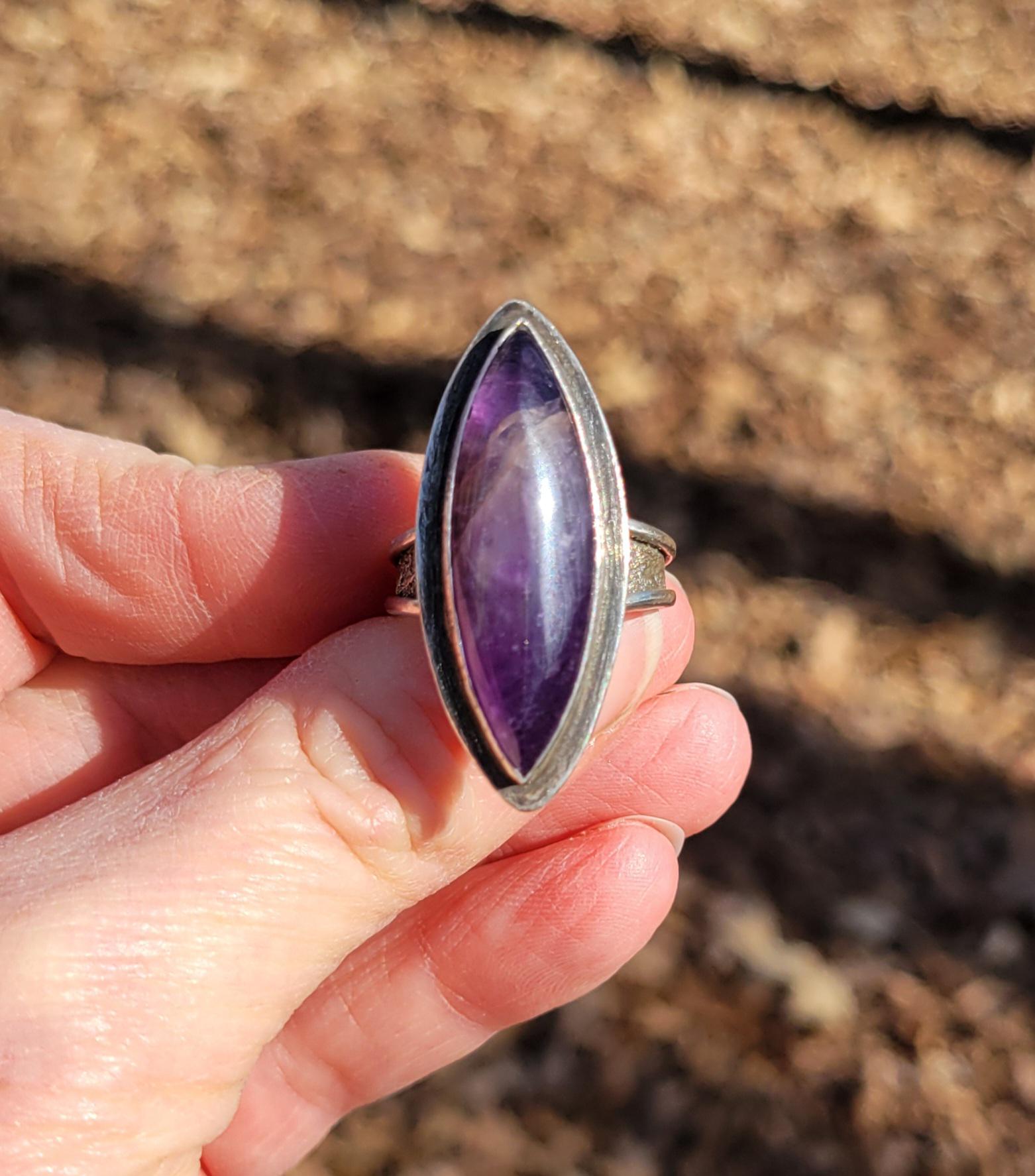 Amethyst Marquise Silver Ring - handmade, purple lavender, sterling silver, silver dusted, steel wool brushed, artisan, beautiful gift