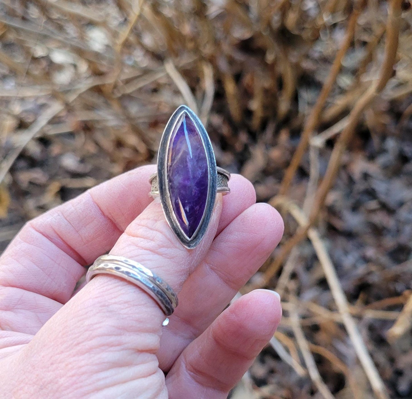 Amethyst Marquise Silver Ring - handmade, purple lavender, sterling silver, silver dusted, steel wool brushed, artisan, beautiful gift
