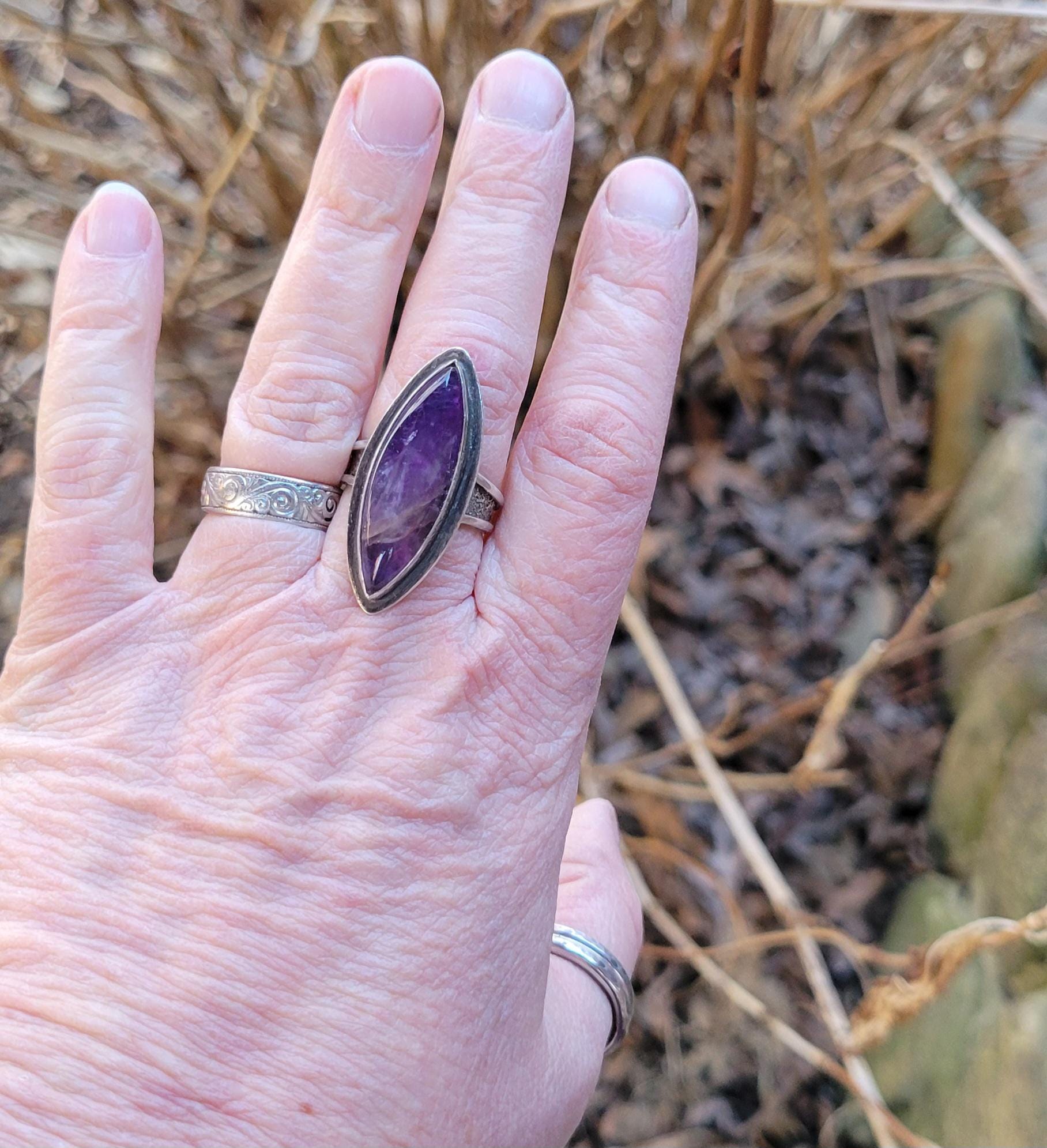 Amethyst Marquise Silver Ring - handmade, purple lavender, sterling silver, silver dusted, steel wool brushed, artisan, beautiful gift