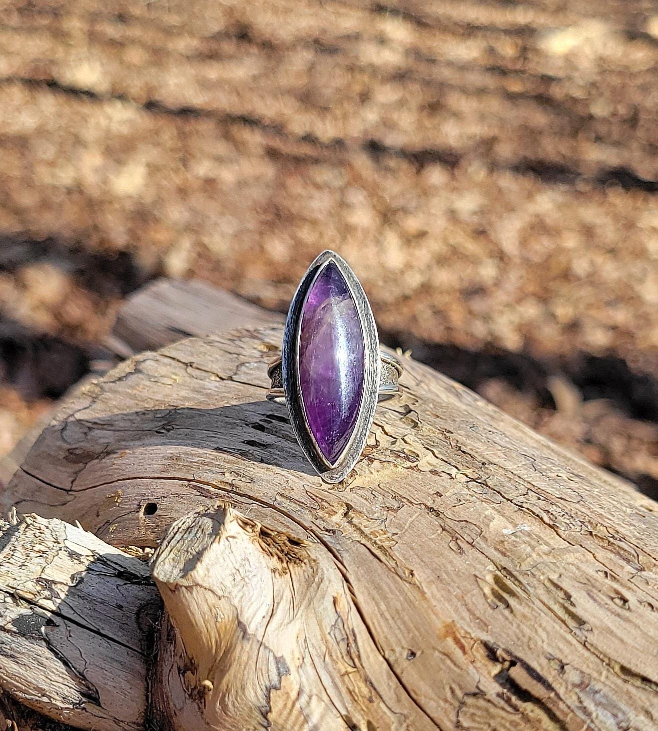 Amethyst Marquise Silver Ring - handmade, purple lavender, sterling silver, silver dusted, steel wool brushed, artisan, beautiful gift
