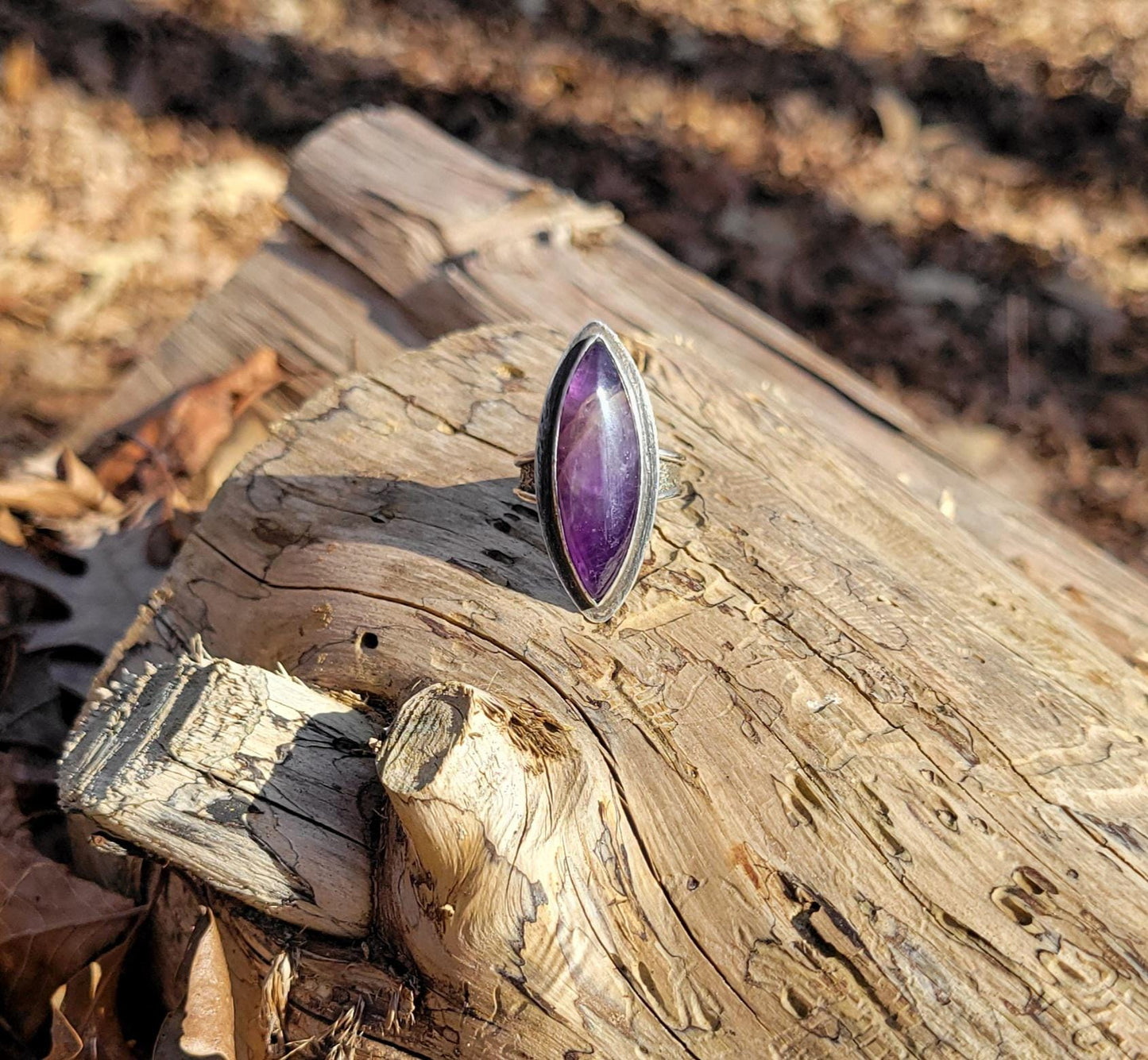 Amethyst Marquise Silver Ring - handmade, purple lavender, sterling silver, silver dusted, steel wool brushed, artisan, beautiful gift