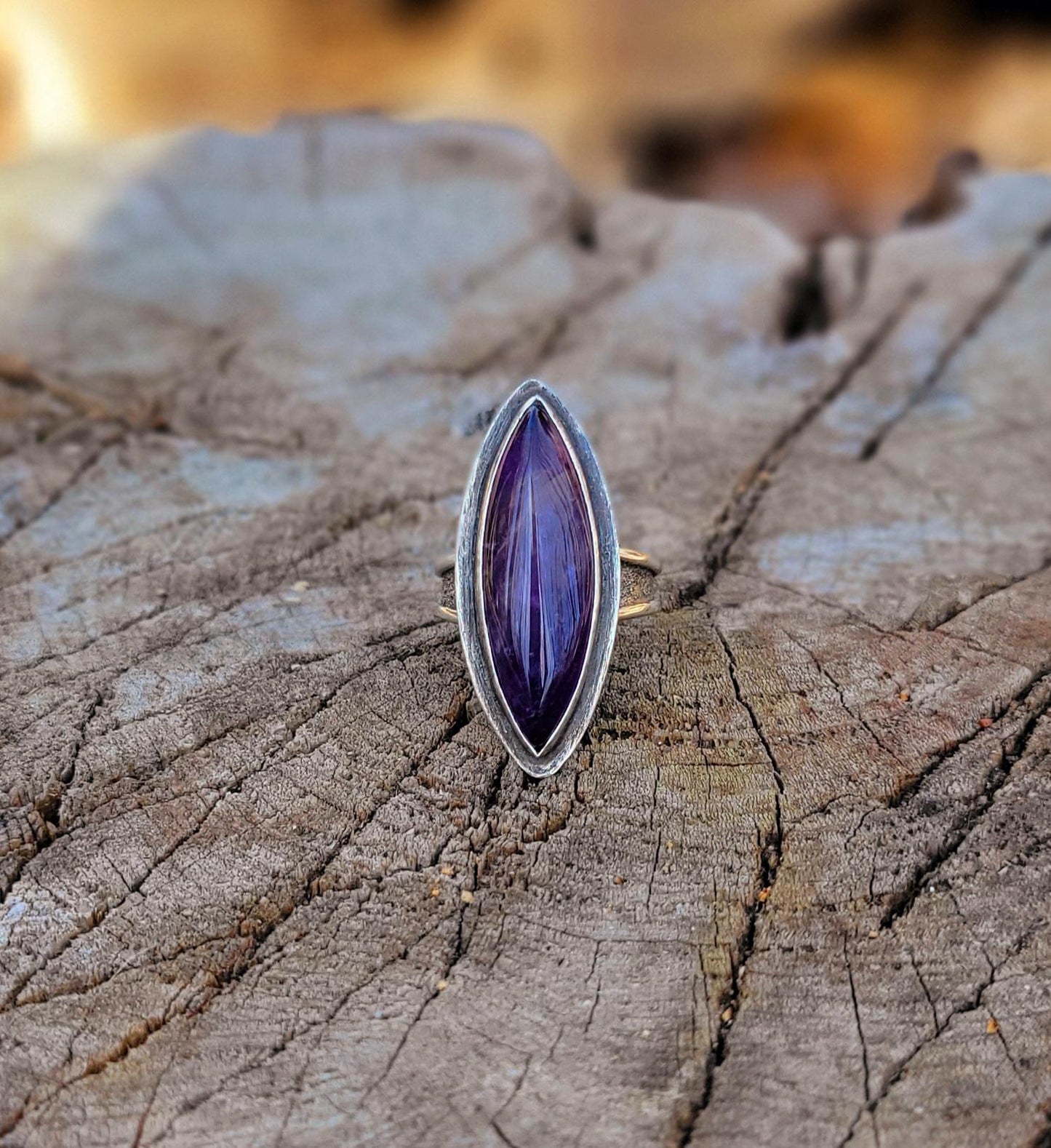 Amethyst Marquise Silver Ring - handmade, purple lavender, sterling silver, silver dusted, steel wool brushed, artisan, beautiful gift