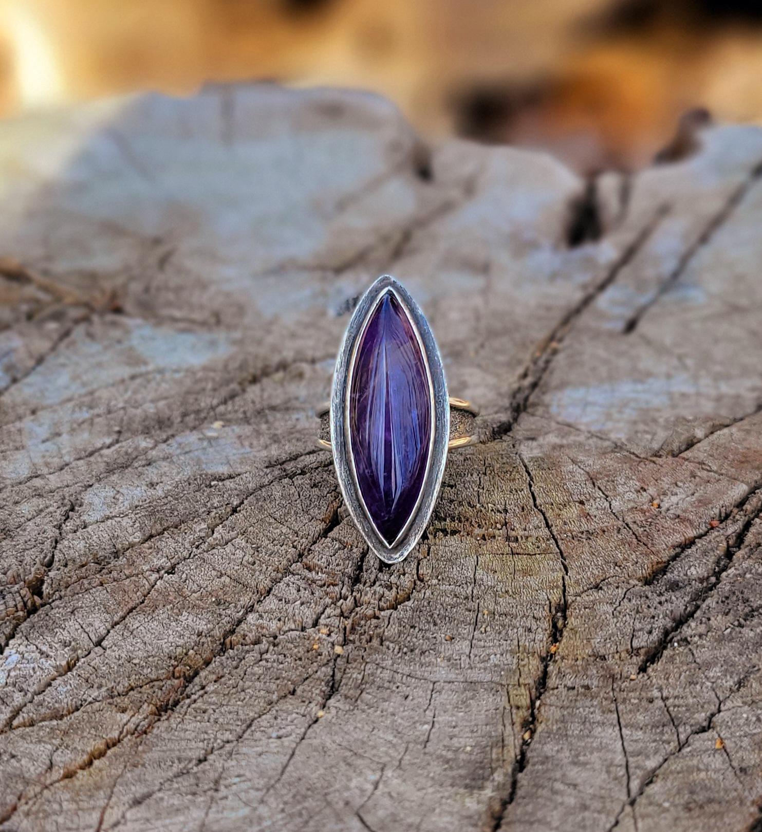 Amethyst Marquise Silver Ring - handmade, purple lavender, sterling silver, silver dusted, steel wool brushed, artisan, beautiful gift