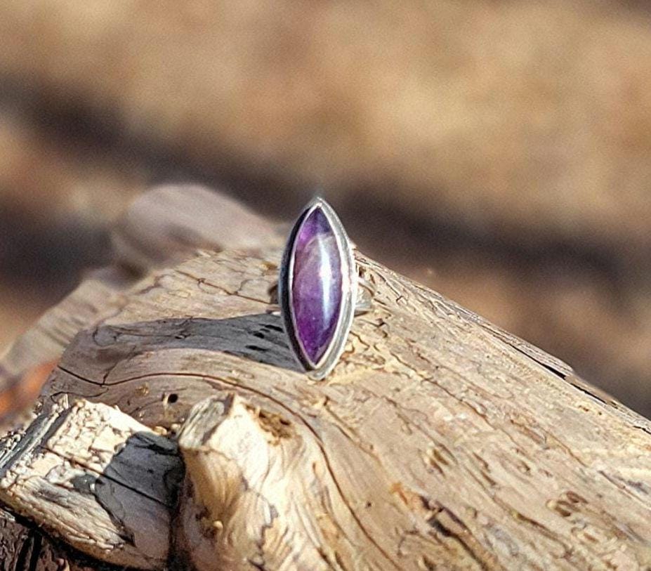 Amethyst Marquise Silver Ring - handmade, purple lavender, sterling silver, silver dusted, steel wool brushed, artisan, beautiful gift