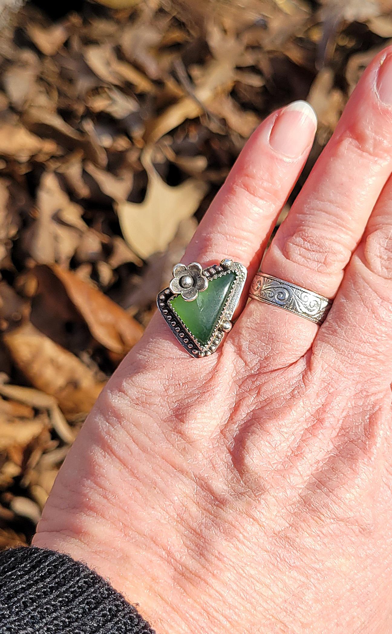 Green Vesuvianite Flower Ring - handmade sterling silver, natural stone, silver flower, pinky ring, Size 4 USA, beautiful gift
