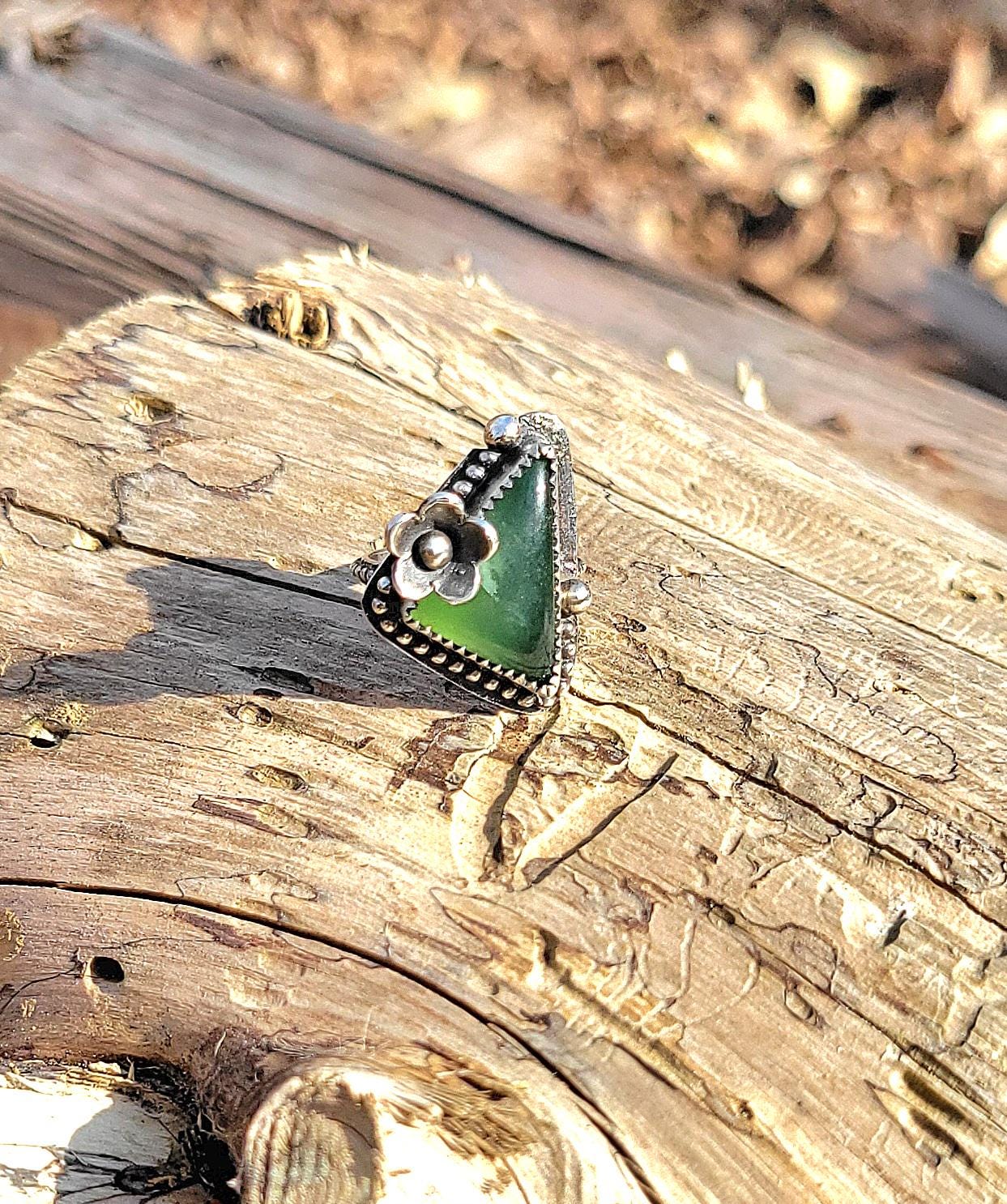 Green Vesuvianite Flower Ring - handmade sterling silver, natural stone, silver flower, pinky ring, Size 4 USA, beautiful gift