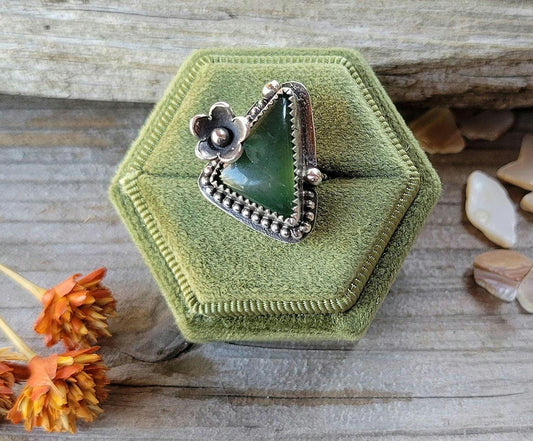 Green Vesuvianite Flower Ring - handmade sterling silver, natural stone, silver flower, pinky ring, Size 4 USA, beautiful gift