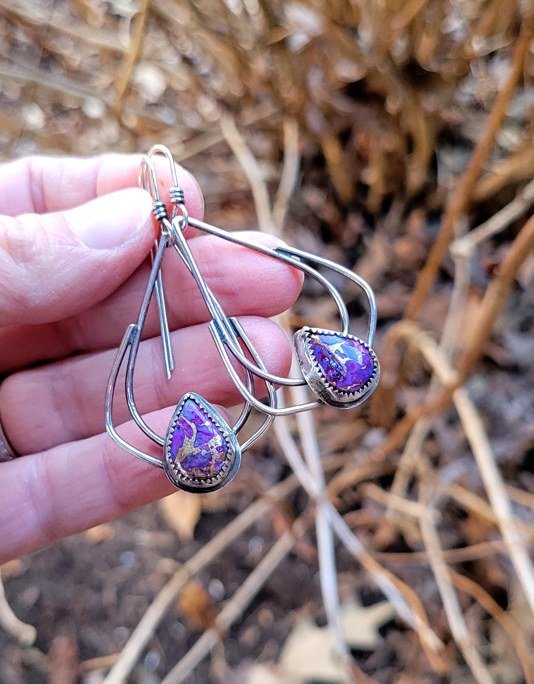 Mohave Hoop Earrings - handmade, purple Mohave turquoise from Kingman Mine, sterling silver hoops, teardrop, lightweight, beautiful gift