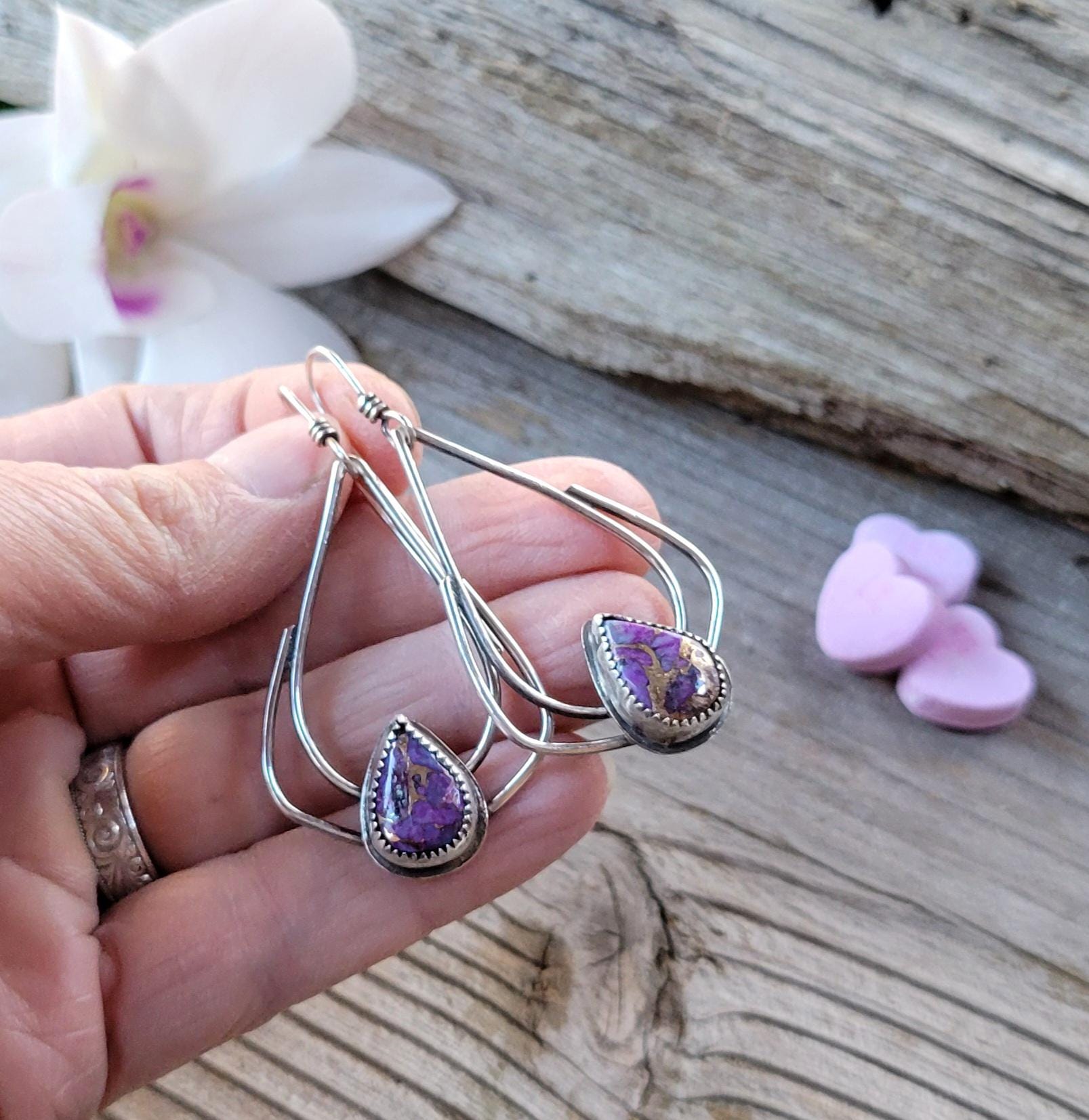Mohave Hoop Earrings - handmade, purple Mohave turquoise from Kingman Mine, sterling silver hoops, teardrop, lightweight, beautiful gift
