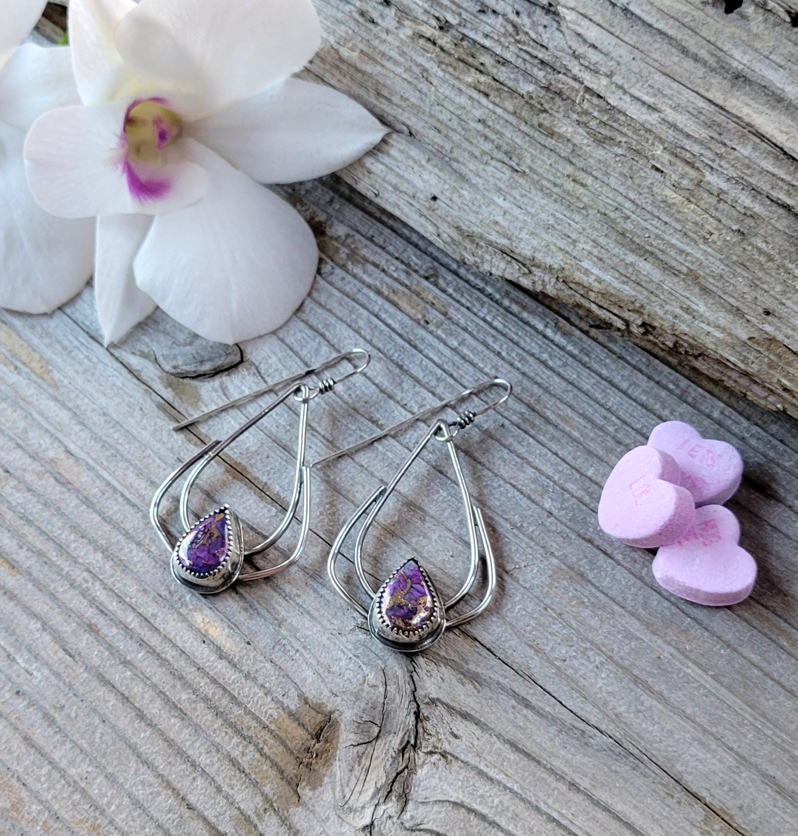 Mohave Hoop Earrings - handmade, purple Mohave turquoise from Kingman Mine, sterling silver hoops, teardrop, lightweight, beautiful gift