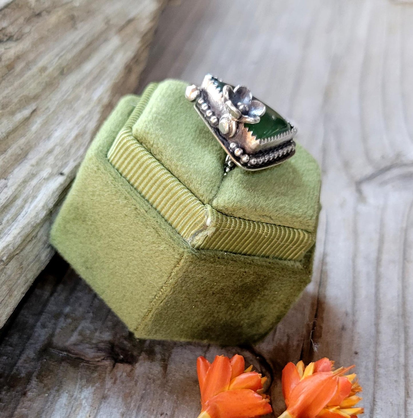 Green Vesuvianite Flower Ring - handmade sterling silver, natural stone, silver flower, pinky ring, Size 4 USA, beautiful gift