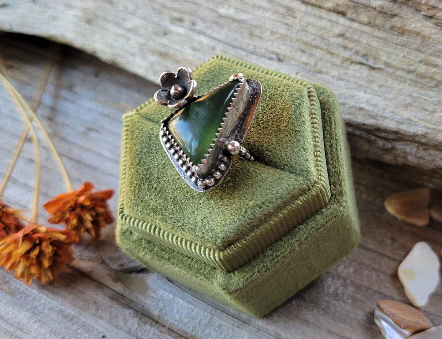 Green Vesuvianite Flower Ring - handmade sterling silver, natural stone, silver flower, pinky ring, Size 4 USA, beautiful gift