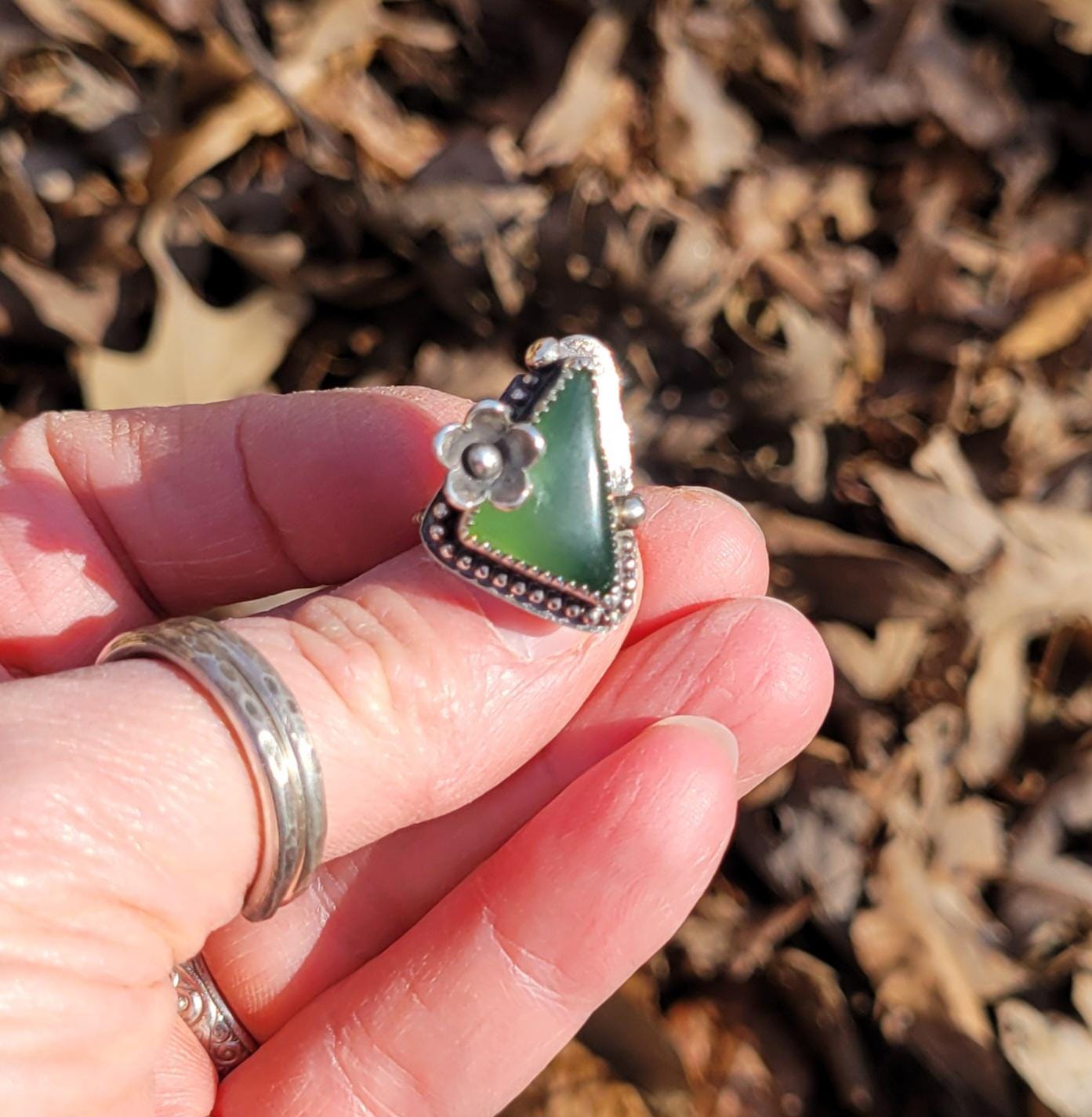 Green Vesuvianite Flower Ring - handmade sterling silver, natural stone, silver flower, pinky ring, Size 4 USA, beautiful gift