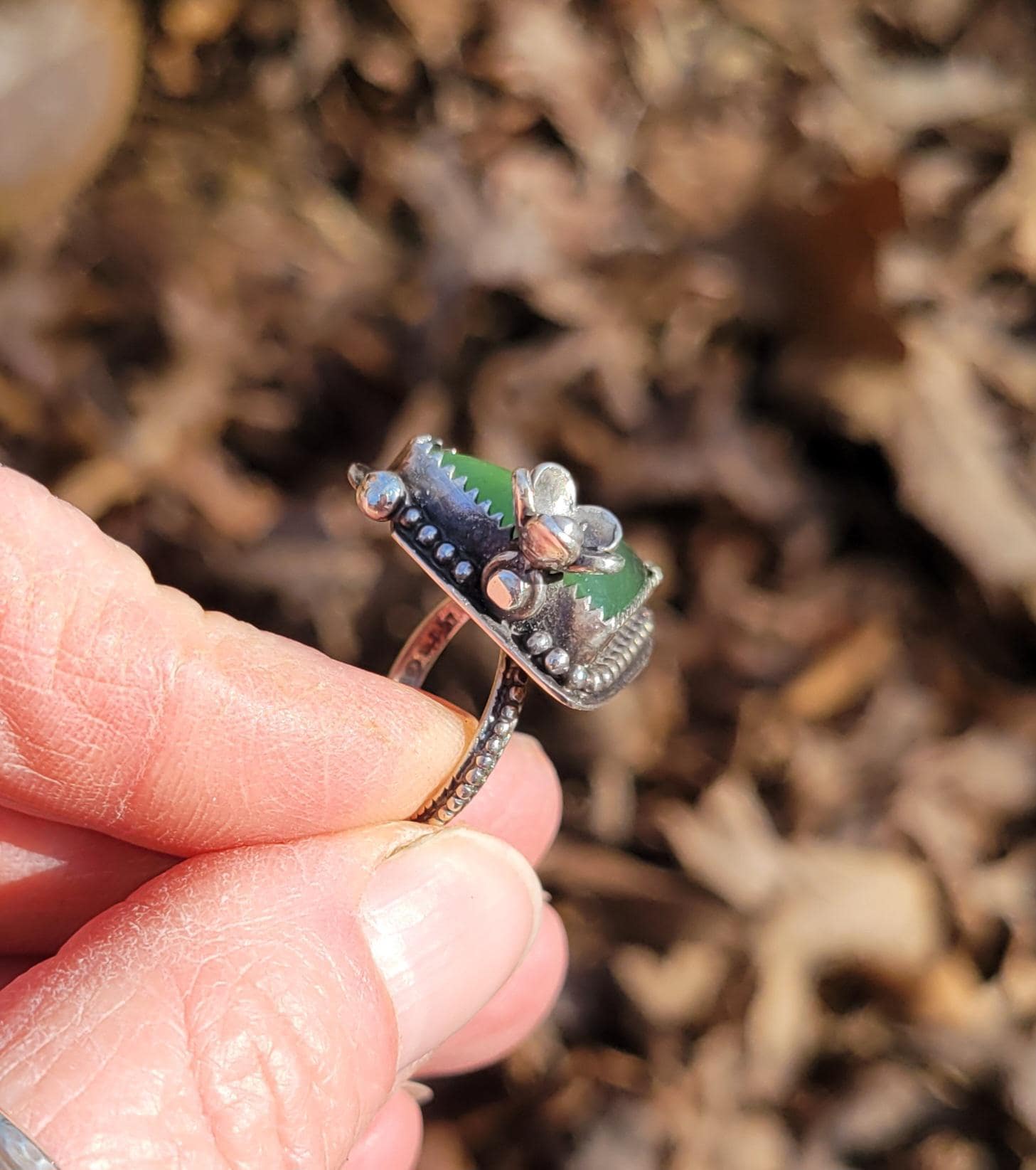 Green Vesuvianite Flower Ring - handmade sterling silver, natural stone, silver flower, pinky ring, Size 4 USA, beautiful gift