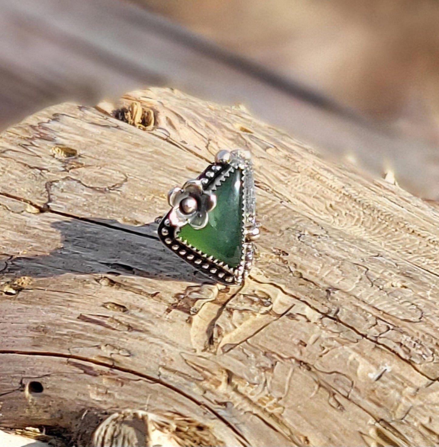 Green Vesuvianite Flower Ring - handmade sterling silver, natural stone, silver flower, pinky ring, Size 4 USA, beautiful gift