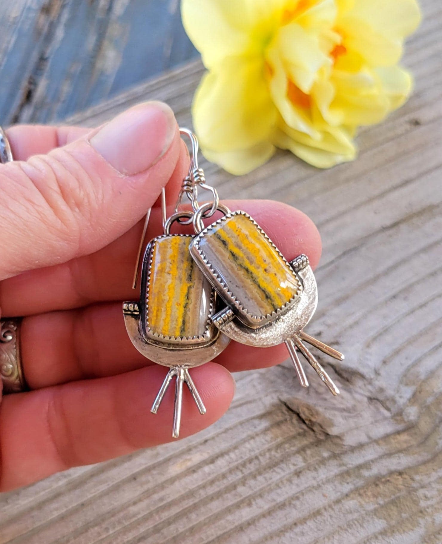 Bumblebee Jasper Yellow Silver Earrings - handmade, sterling silver, natural stones, grey, sunburst, sun, rustic, unique, beautiful gift