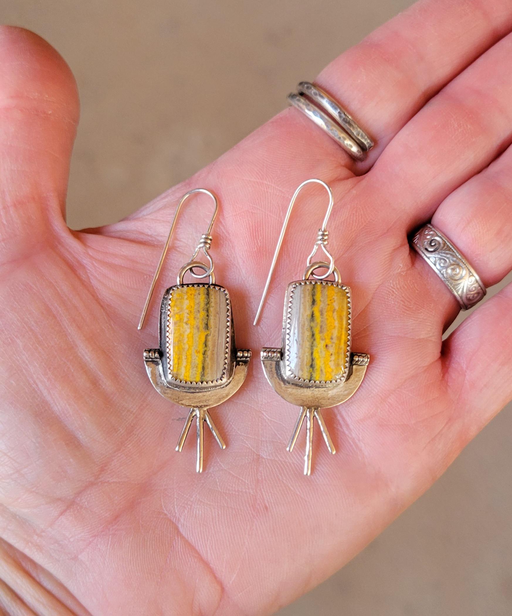 Bumblebee Jasper Yellow Silver Earrings - handmade, sterling silver, natural stones, grey, sunburst, sun, rustic, unique, beautiful gift