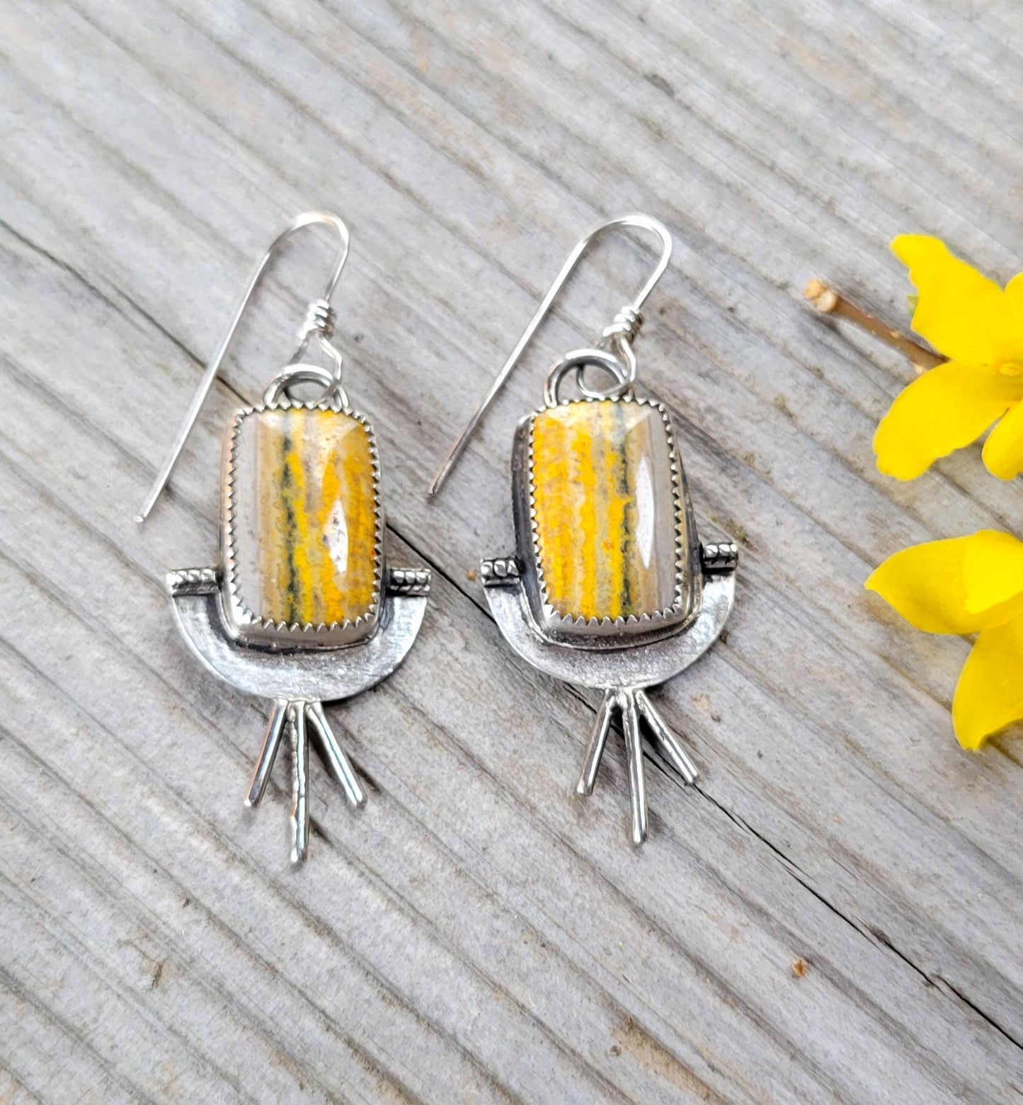 Bumblebee Jasper Yellow Silver Earrings - handmade, sterling silver, natural stones, grey, sunburst, sun, rustic, unique, beautiful gift