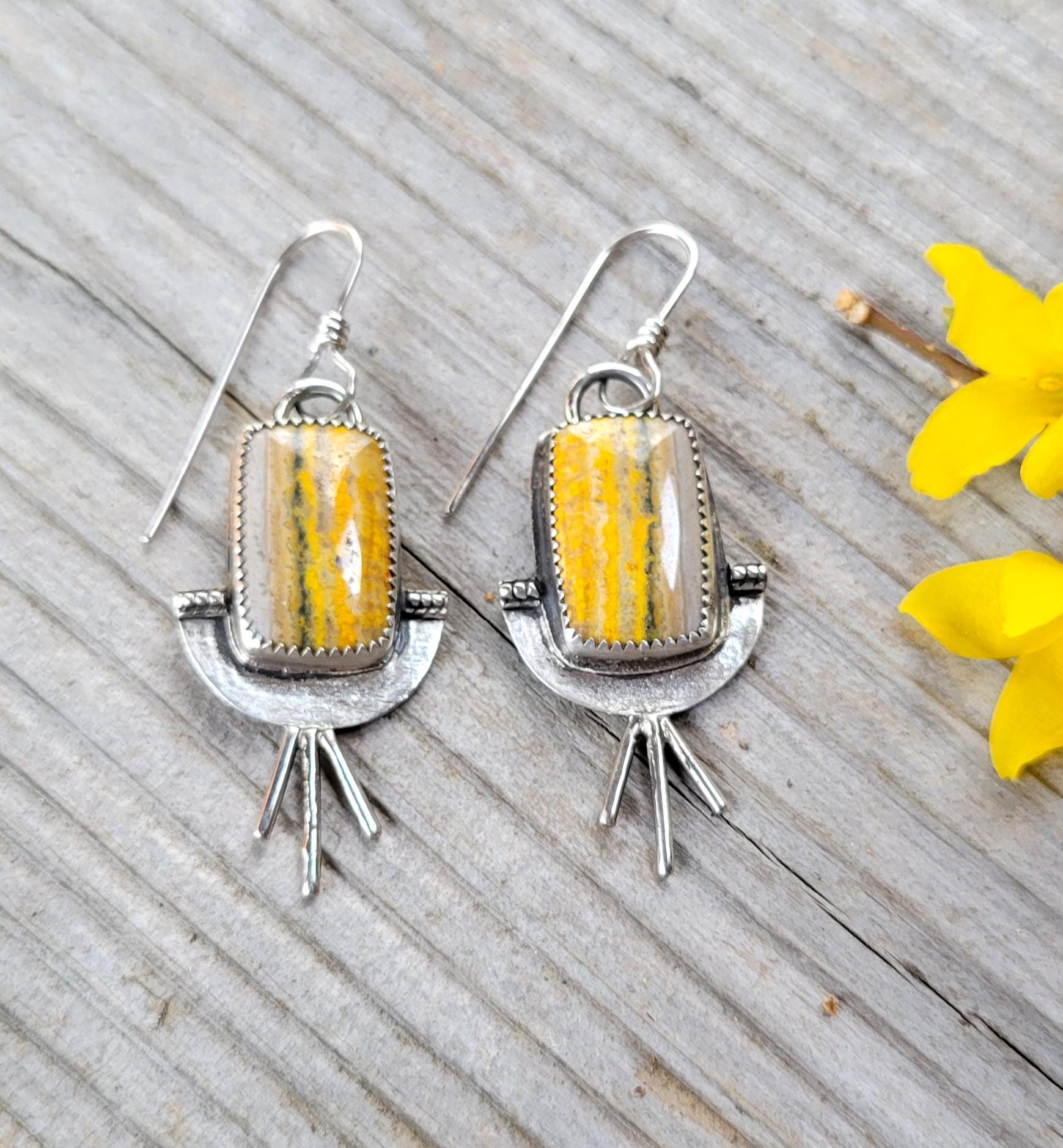 Bumblebee Jasper Yellow Silver Earrings - handmade, sterling silver, natural stones, grey, sunburst, sun, rustic, unique, beautiful gift