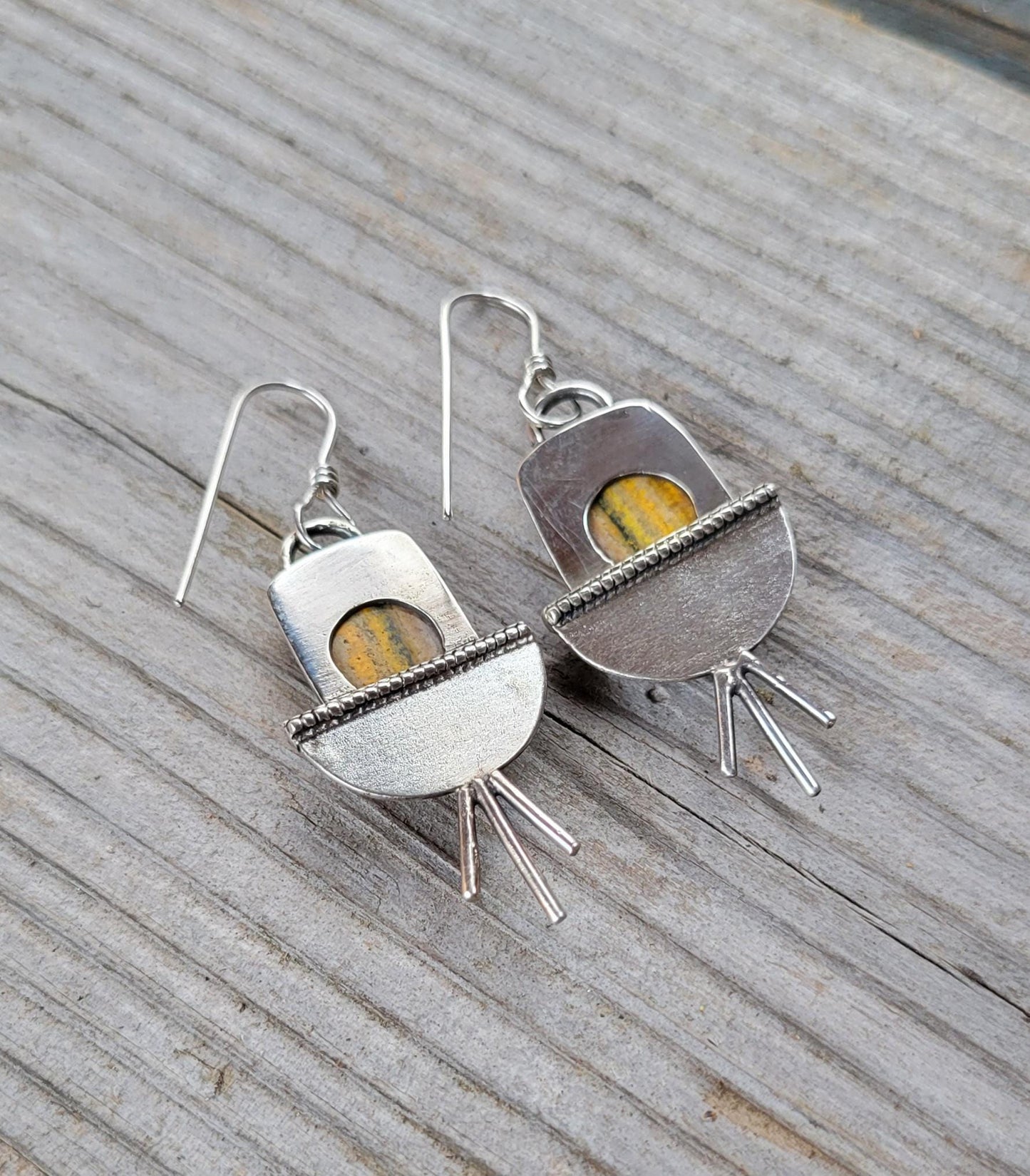 Bumblebee Jasper Yellow Silver Earrings - handmade, sterling silver, natural stones, grey, sunburst, sun, rustic, unique, beautiful gift