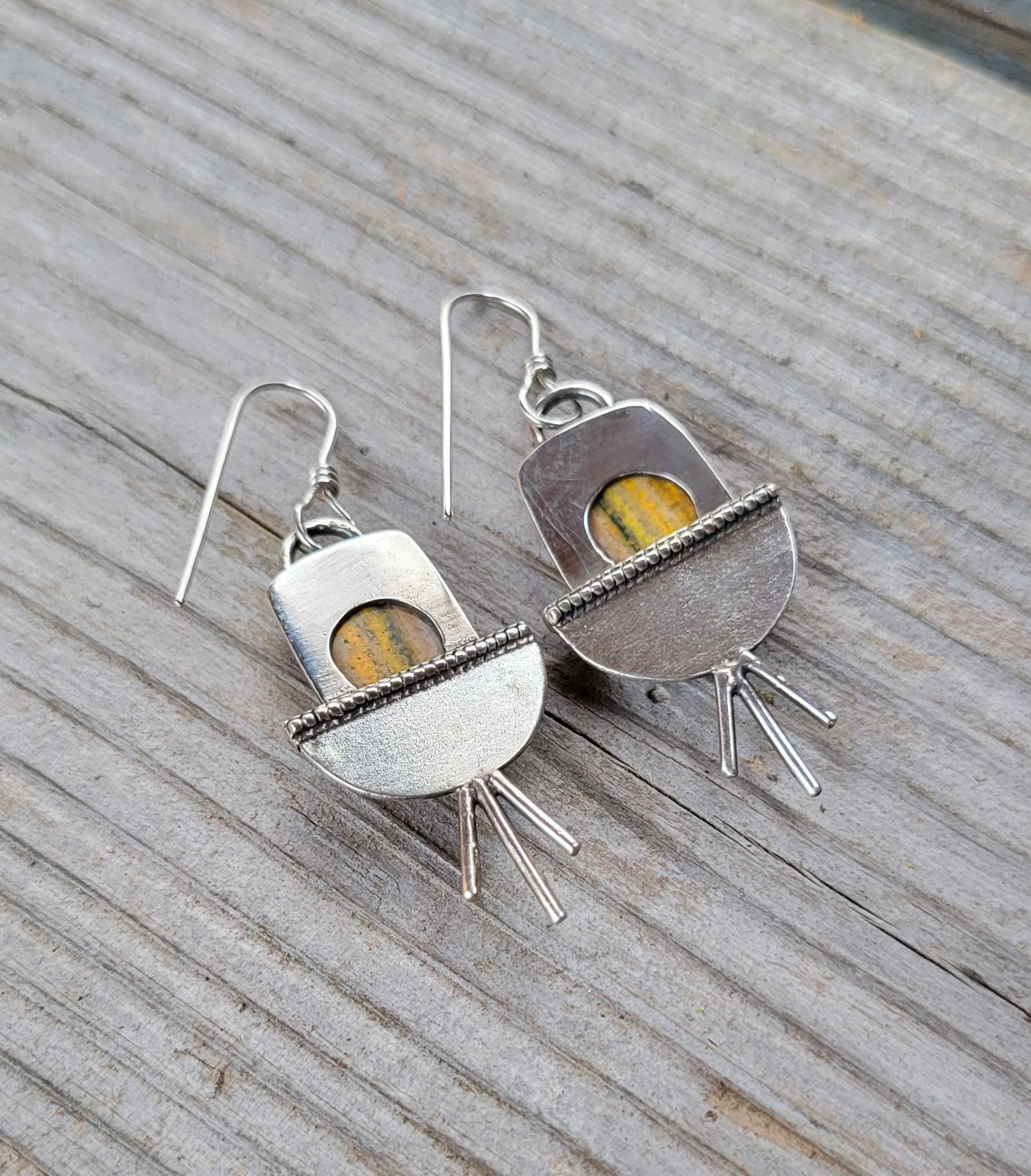 Bumblebee Jasper Yellow Silver Earrings - handmade, sterling silver, natural stones, grey, sunburst, sun, rustic, unique, beautiful gift