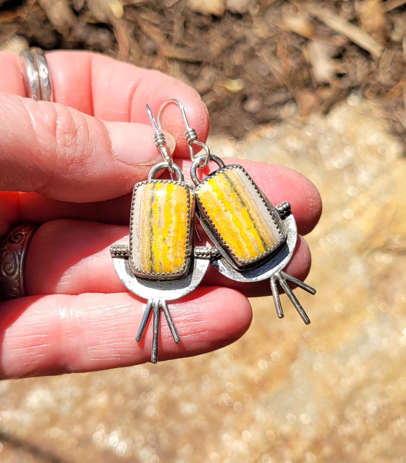 Bumblebee Jasper Yellow Silver Earrings - handmade, sterling silver, natural stones, grey, sunburst, sun, rustic, unique, beautiful gift