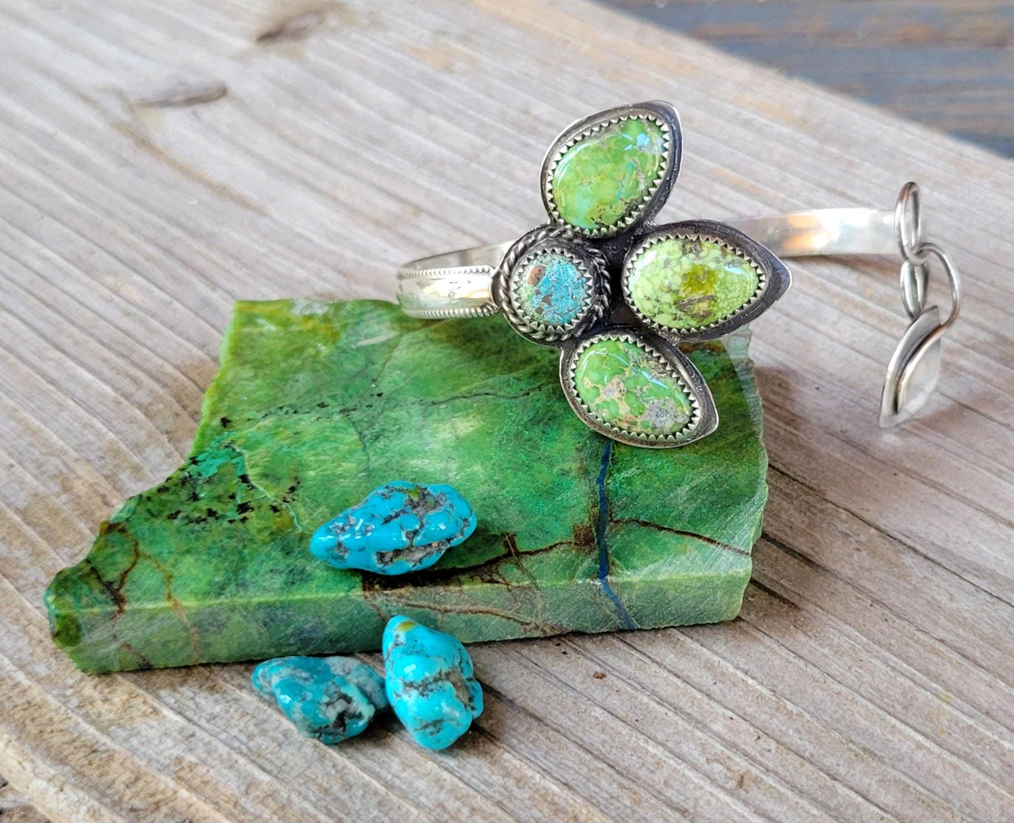 Sonoran Gold Turquoise Silver Flower Cuff - handcrafted, blue, green, natural stone, handmade, leaf, petals, sterling silver, beautiful gift