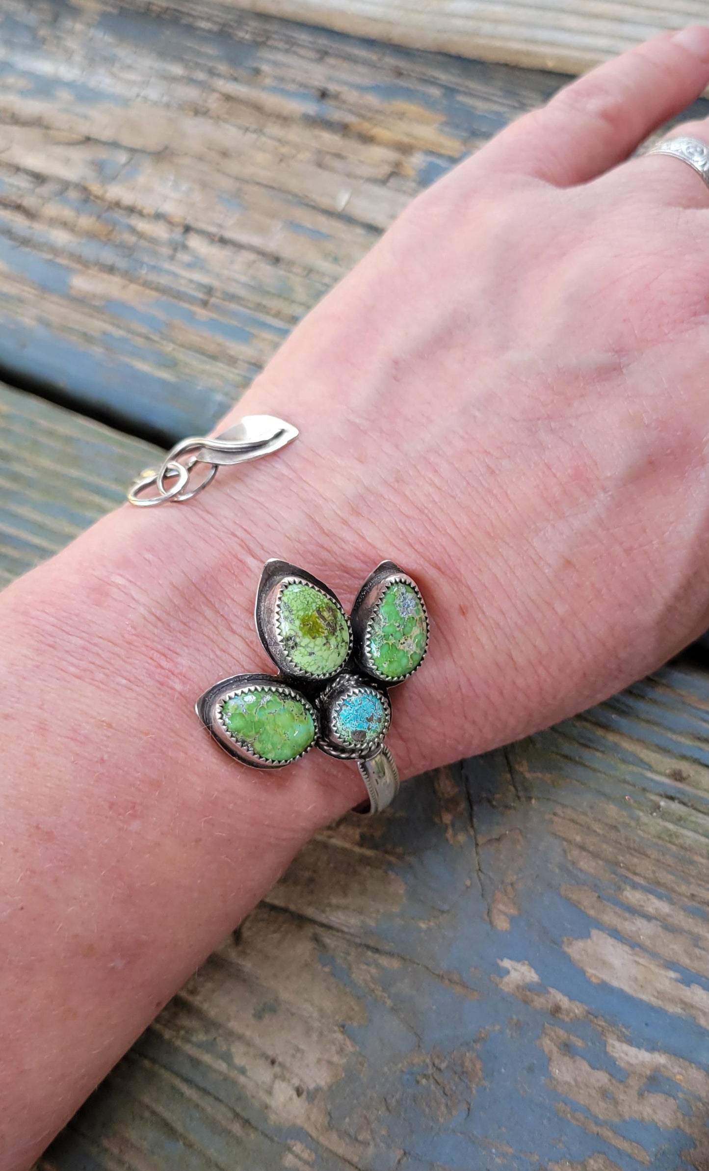 Sonoran Gold Turquoise Silver Flower Cuff - handcrafted, blue, green, natural stone, handmade, leaf, petals, sterling silver, beautiful gift
