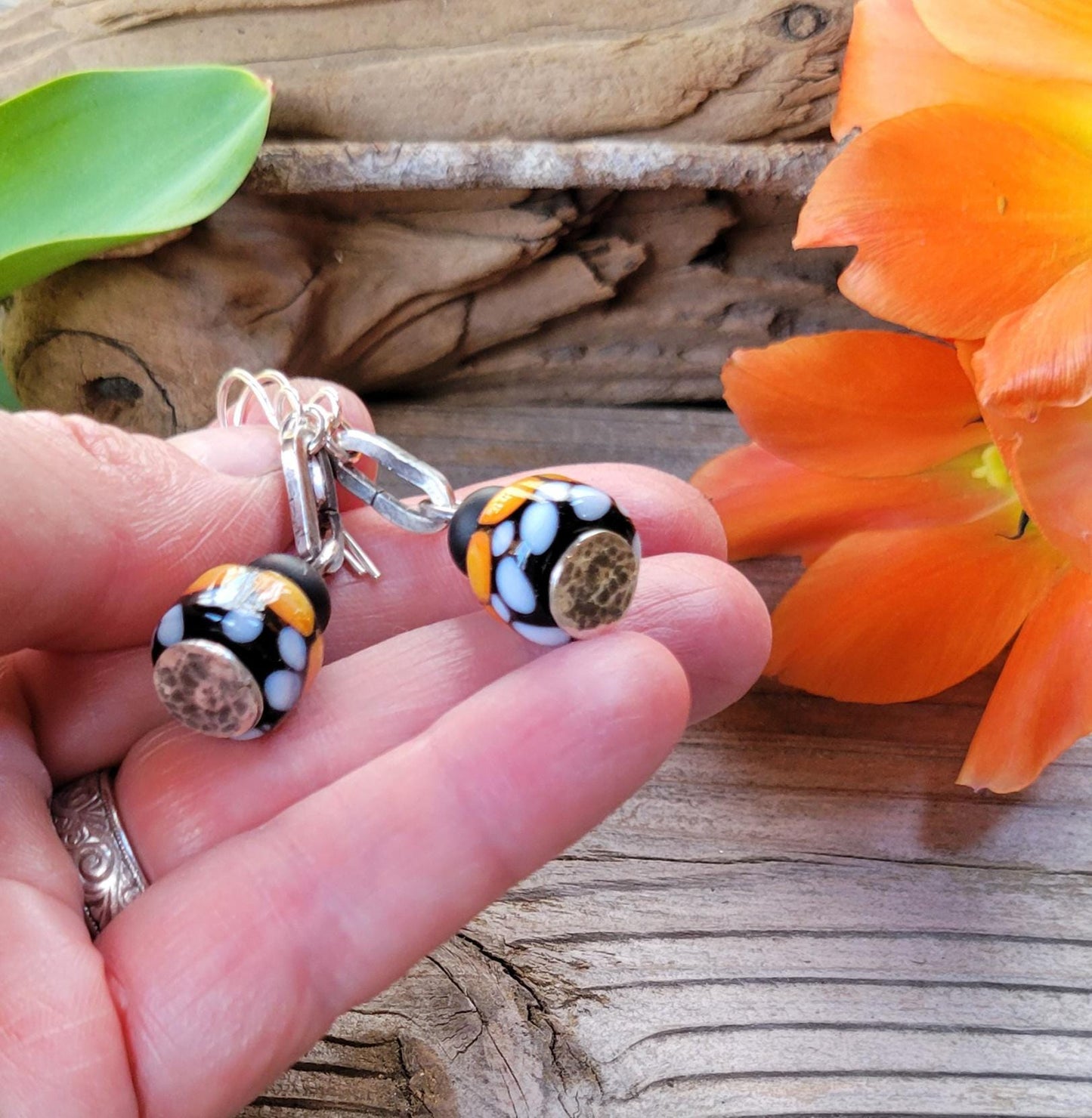 Monarch Butterflly Artisan Glass earrings - handmade glass beads, handformed sterling silver, orange, black, white, wings, beautiful gift