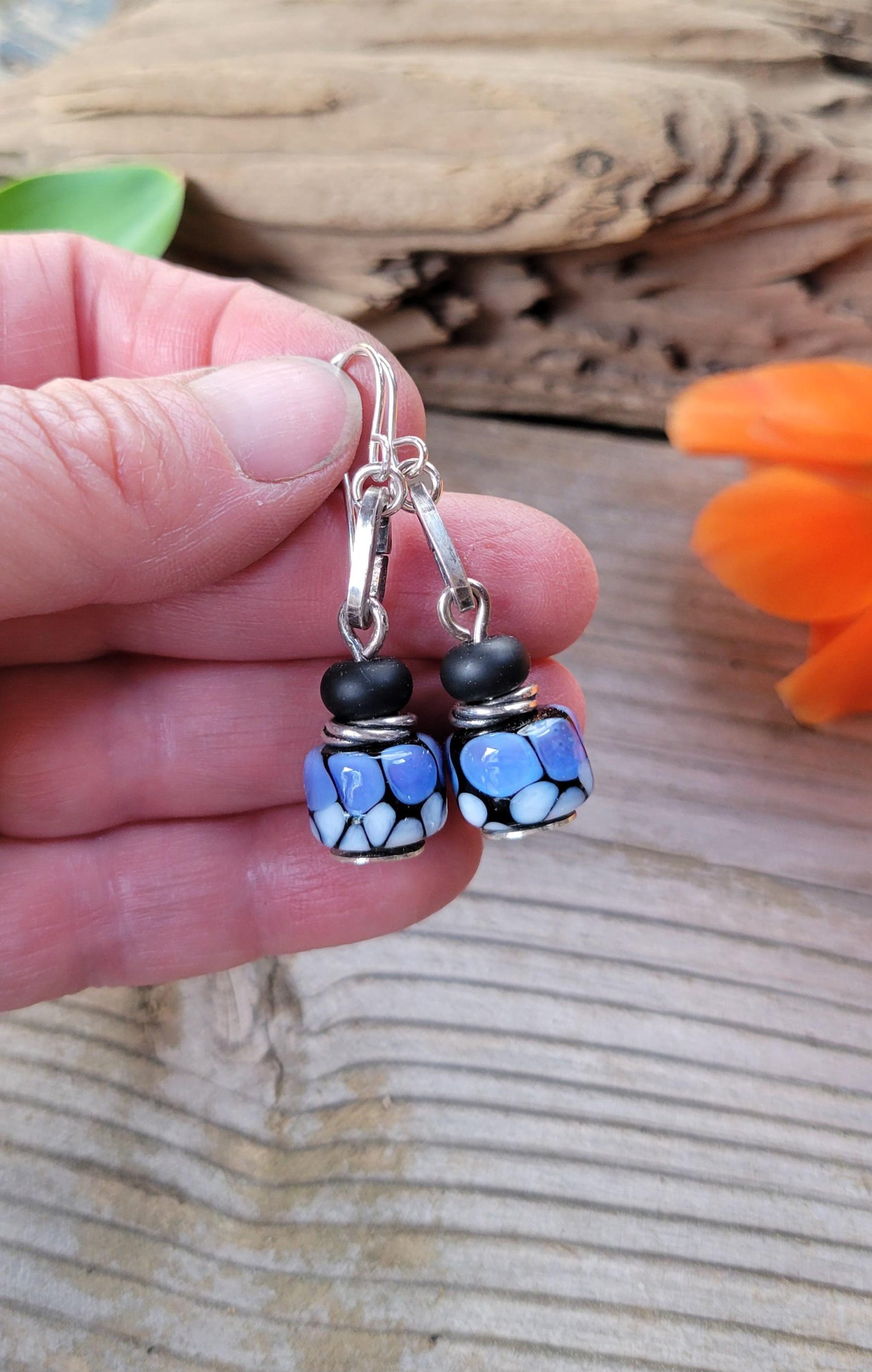 Purple Monarch Butterfly Artisan Glass earrings - handmade glass, handformed sterling silver, violet, periwinkle,black, beautiful gift