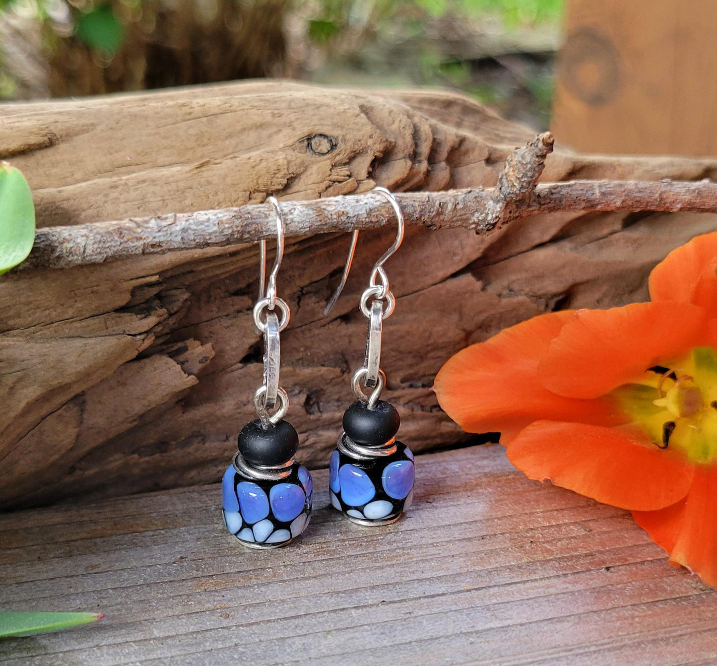 Purple Monarch Butterfly Artisan Glass earrings - handmade glass, handformed sterling silver, violet, periwinkle,black, beautiful gift