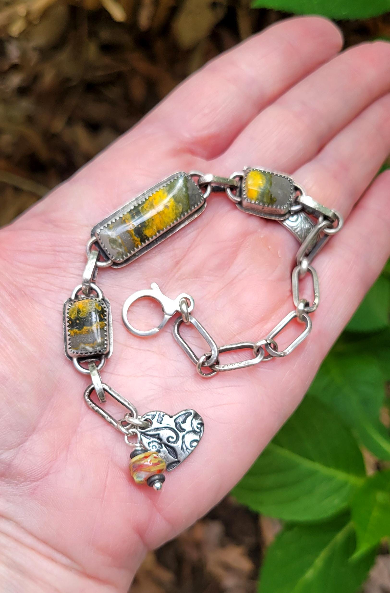 Yellow Bumblebee Jasper Sterling Silver Link Bracelet- handmade, hand crafted, natural stone, brushed matte finish, adjustable, unique, gift