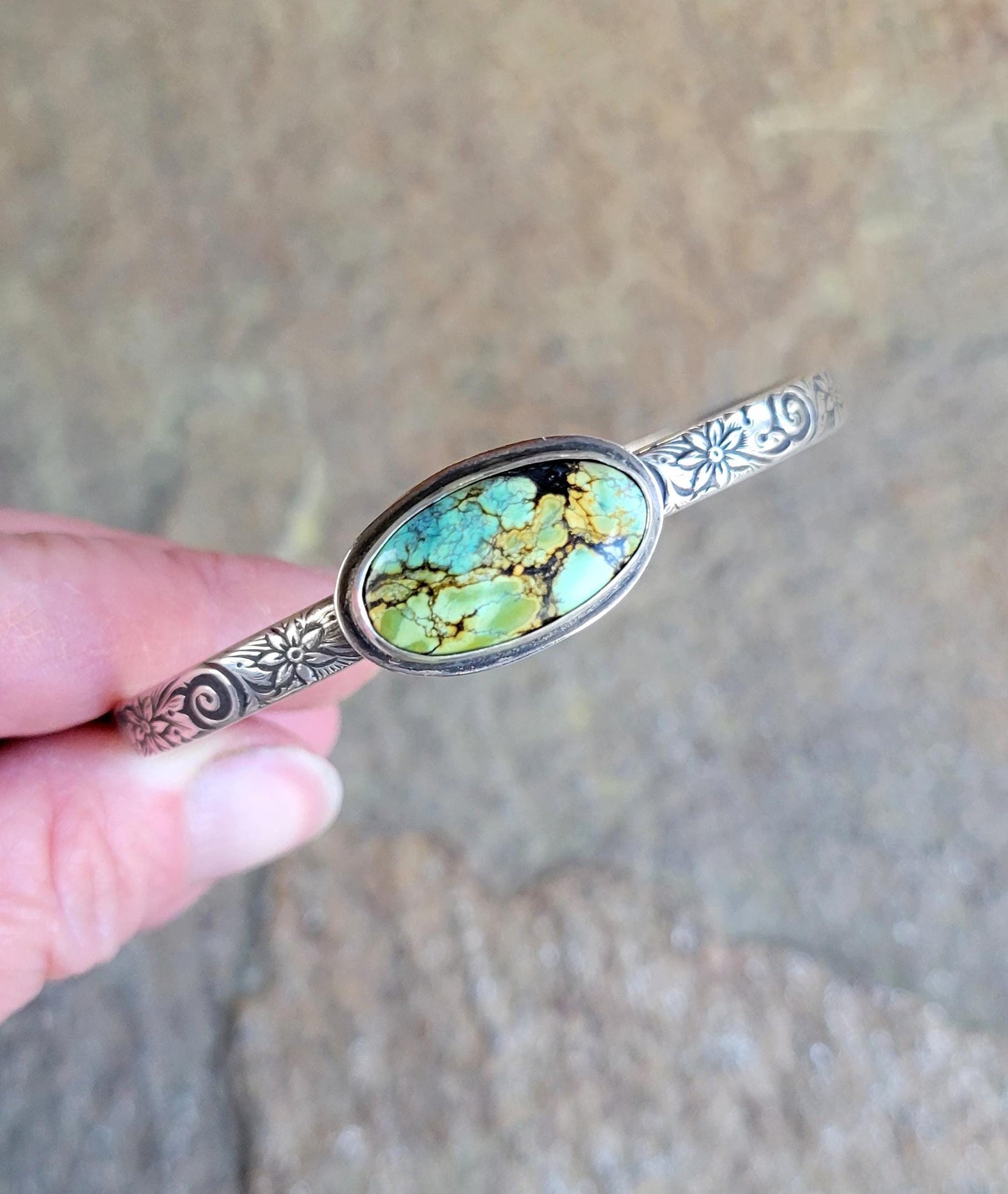 Green Turquoise Silver Cuff - handcrafted, handmade, natural green Qingu Hubei Turquoise, ethically sourced, floral pattern cuff, gift