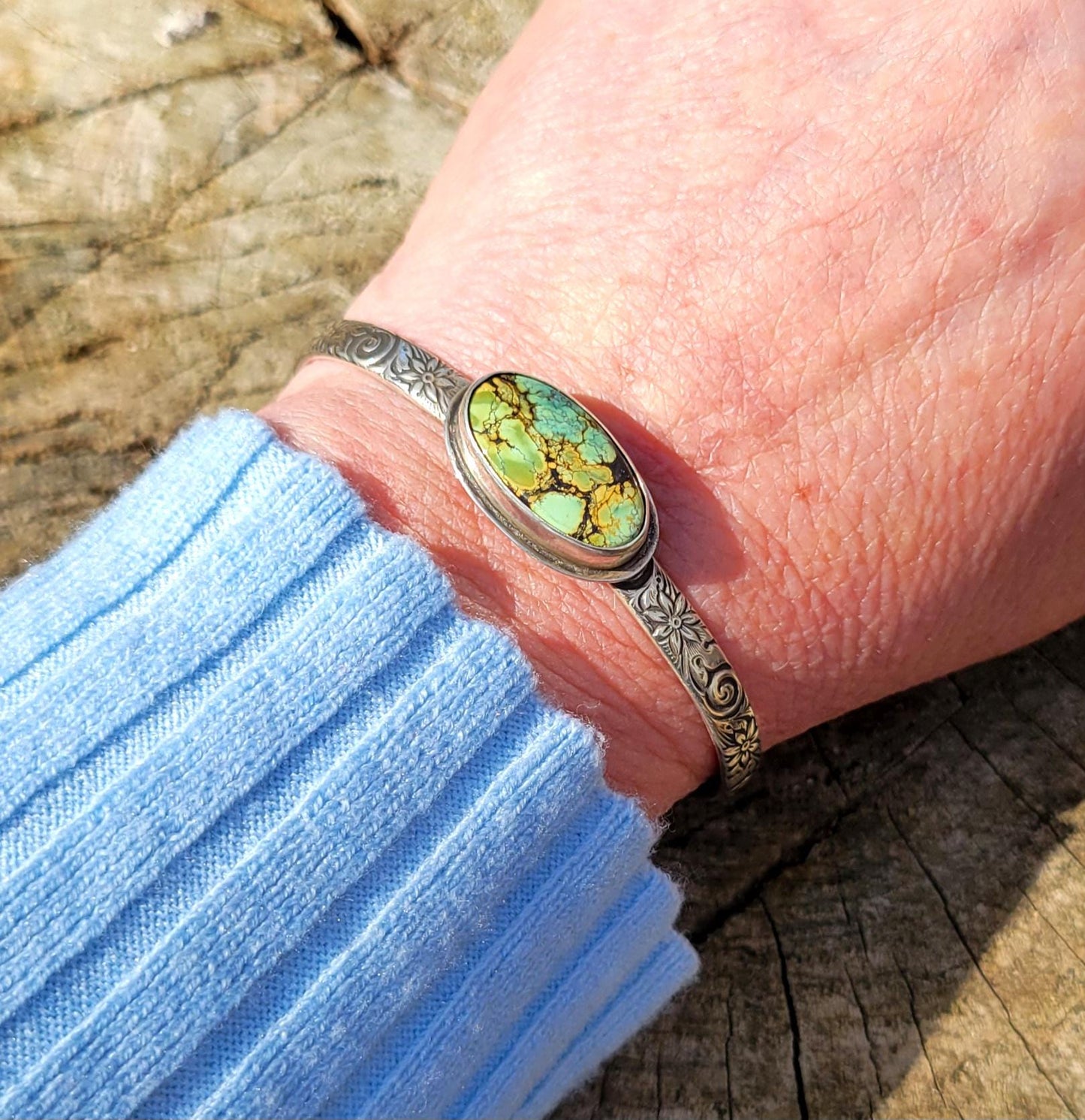 Green Turquoise Silver Cuff - handcrafted, handmade, natural green Qingu Hubei Turquoise, ethically sourced, floral pattern cuff, gift