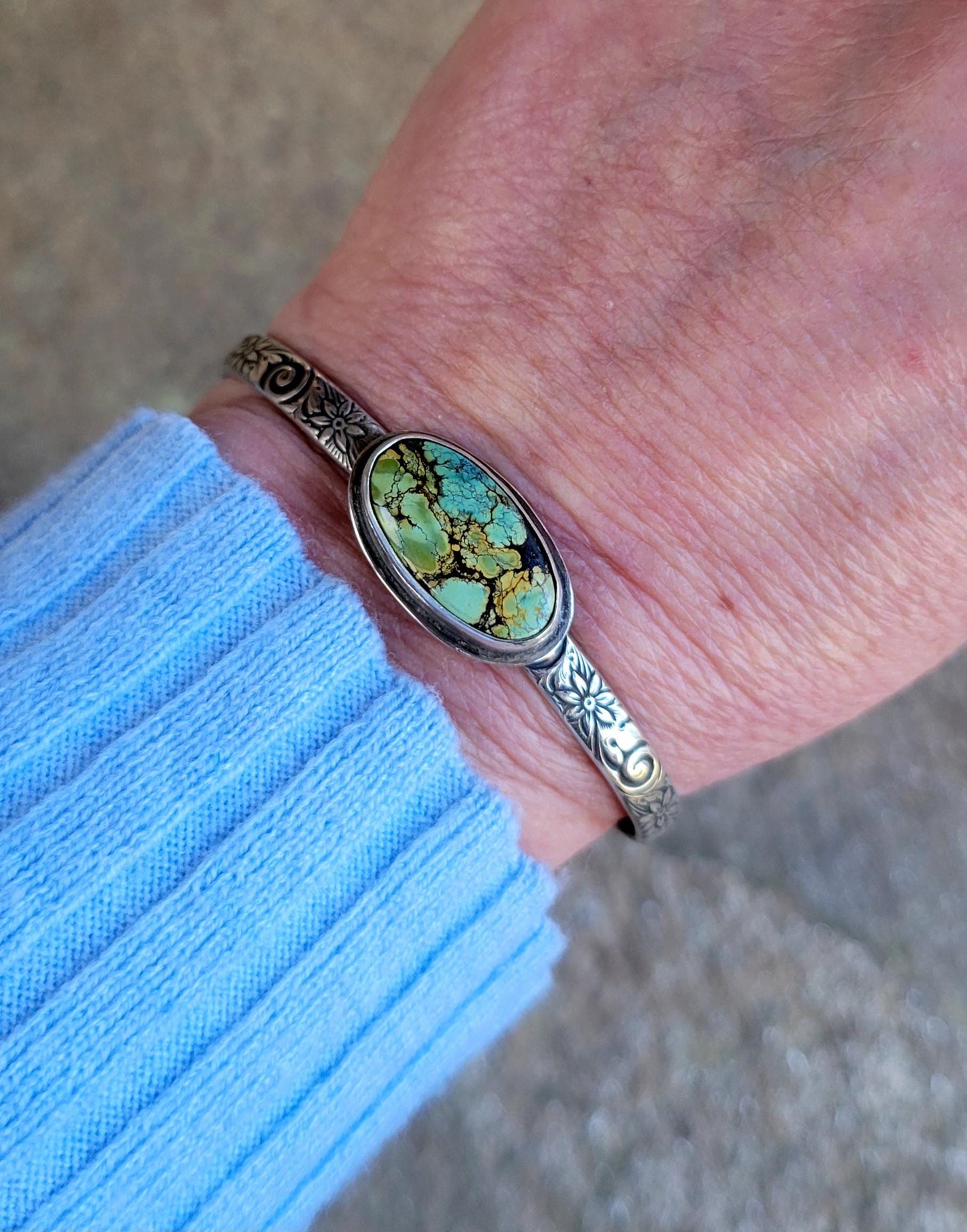 Green Turquoise Silver Cuff - handcrafted, handmade, natural green Qingu Hubei Turquoise, ethically sourced, floral pattern cuff, gift