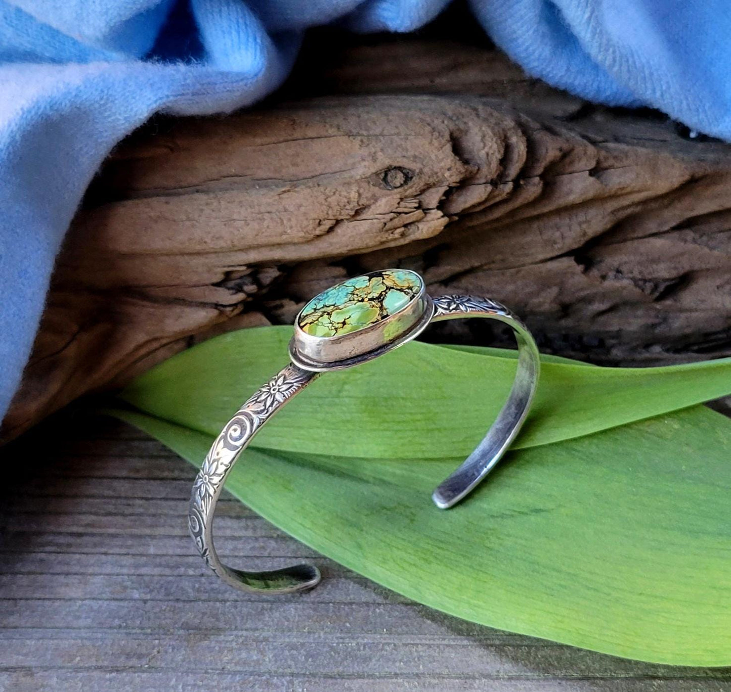 Green Turquoise Silver Cuff - handcrafted, handmade, natural green Qingu Hubei Turquoise, ethically sourced, floral pattern cuff, gift