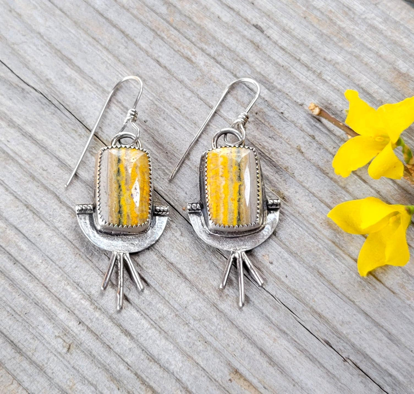 Bumblebee Jasper Yellow Silver Earrings - handmade, sterling silver, natural stones, grey, sunburst, sun, rustic, unique, beautiful gift