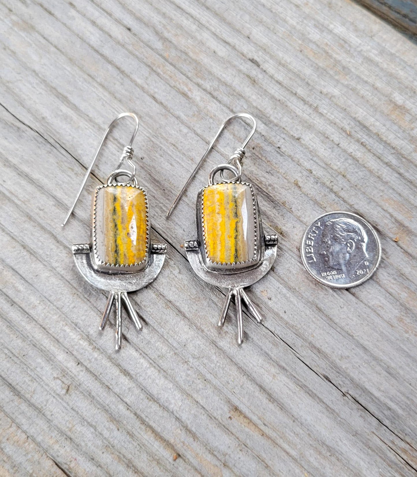 Bumblebee Jasper Yellow Silver Earrings - handmade, sterling silver, natural stones, grey, sunburst, sun, rustic, unique, beautiful gift