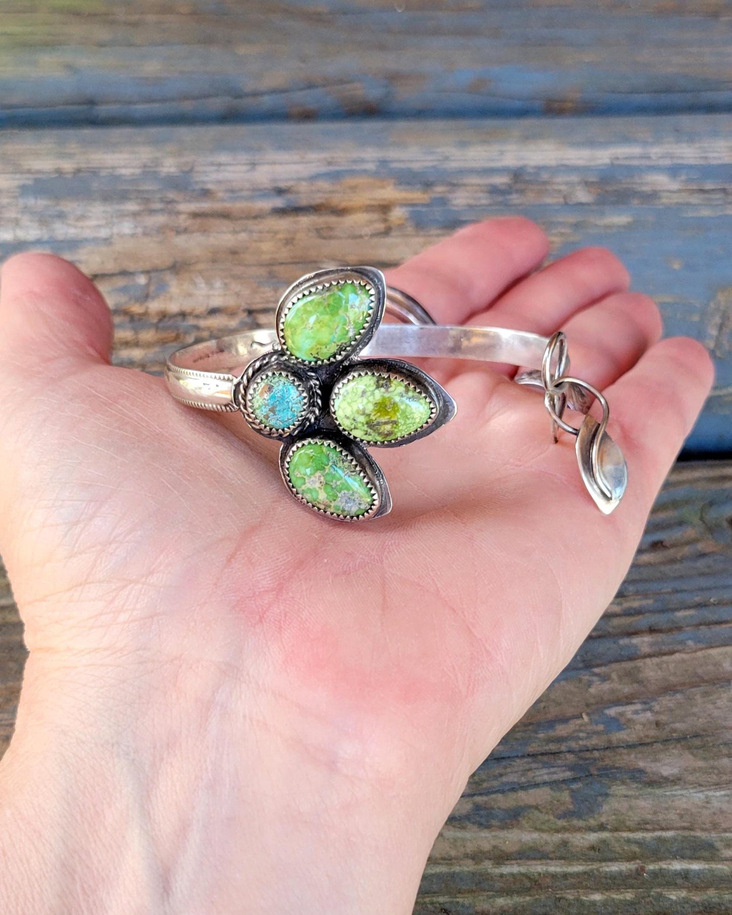 Sonoran Gold Turquoise Silver Flower Cuff - handcrafted, blue, green, natural stone, handmade, leaf, petals, sterling silver, beautiful gift