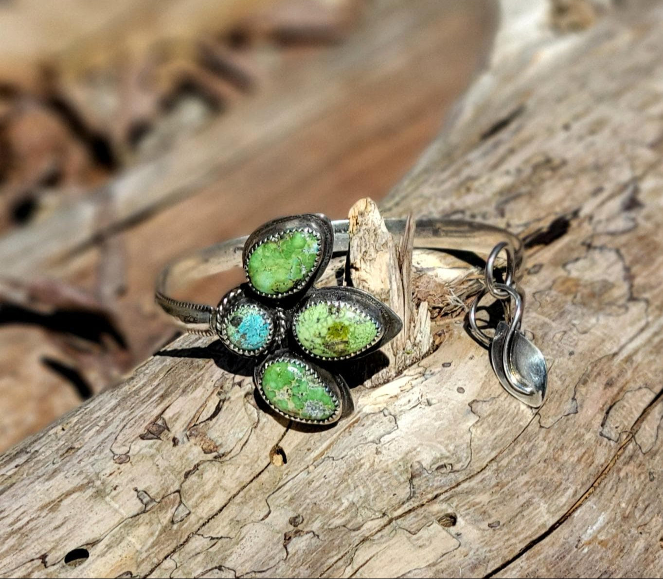 Sonoran Gold Turquoise Silver Flower Cuff - handcrafted, blue, green, natural stone, handmade, leaf, petals, sterling silver, beautiful gift