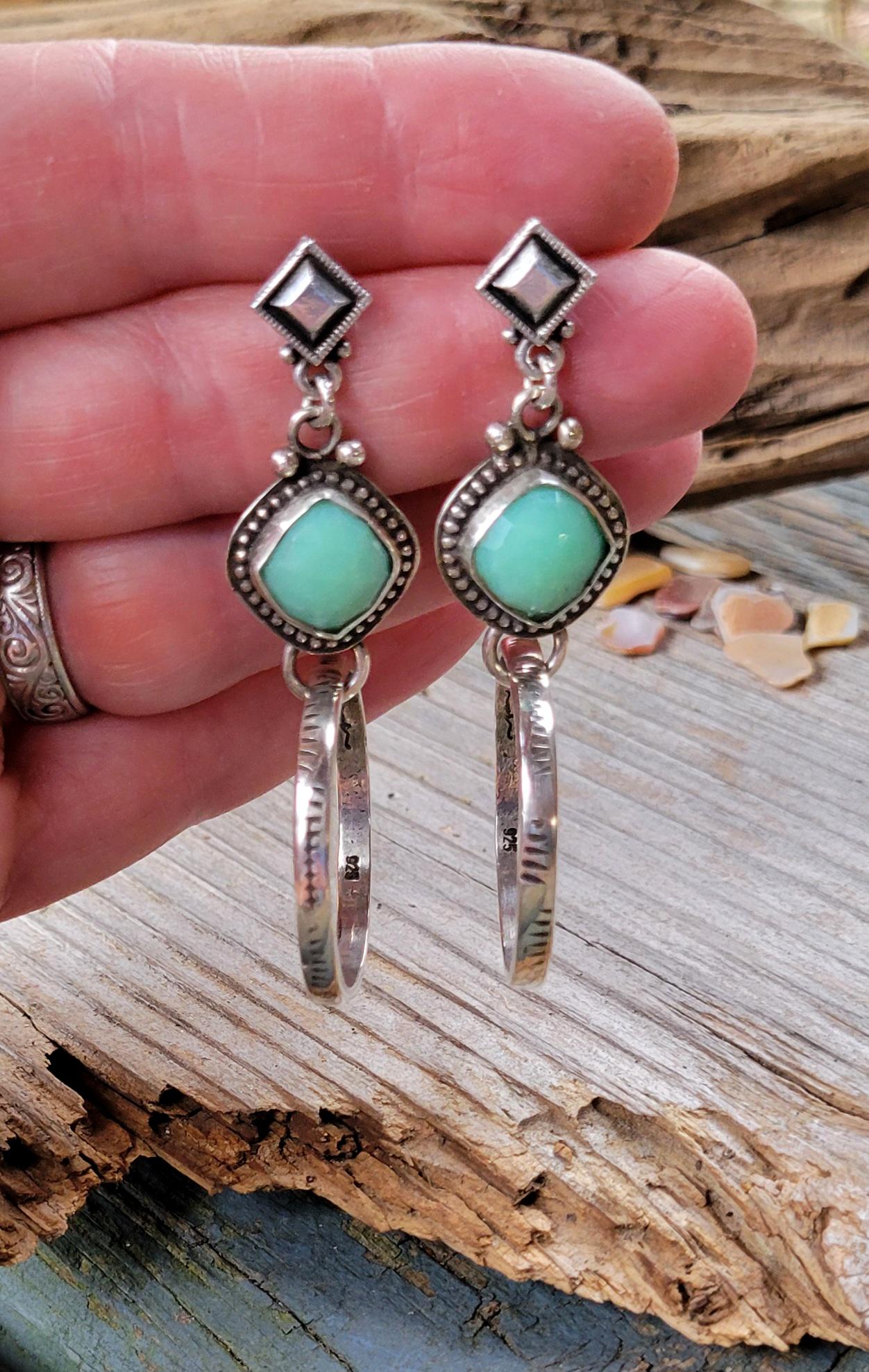 Teal Chrysoprase Silver Hoop Earrings - handmade, natural gemstones, seafoam, lime, hand cut, hand stamped hoops, post, lightweight, gift