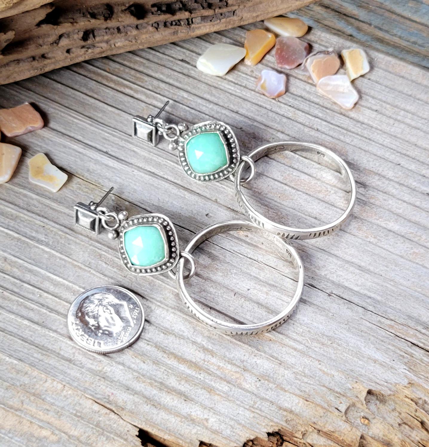 Teal Chrysoprase Silver Hoop Earrings - handmade, natural gemstones, seafoam, lime, hand cut, hand stamped hoops, post, lightweight, gift