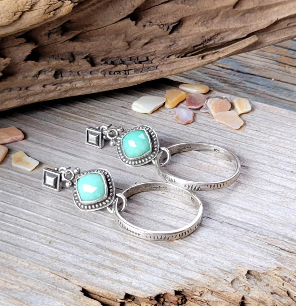Teal Chrysoprase Silver Hoop Earrings - handmade, natural gemstones, seafoam, lime, hand cut, hand stamped hoops, post, lightweight, gift