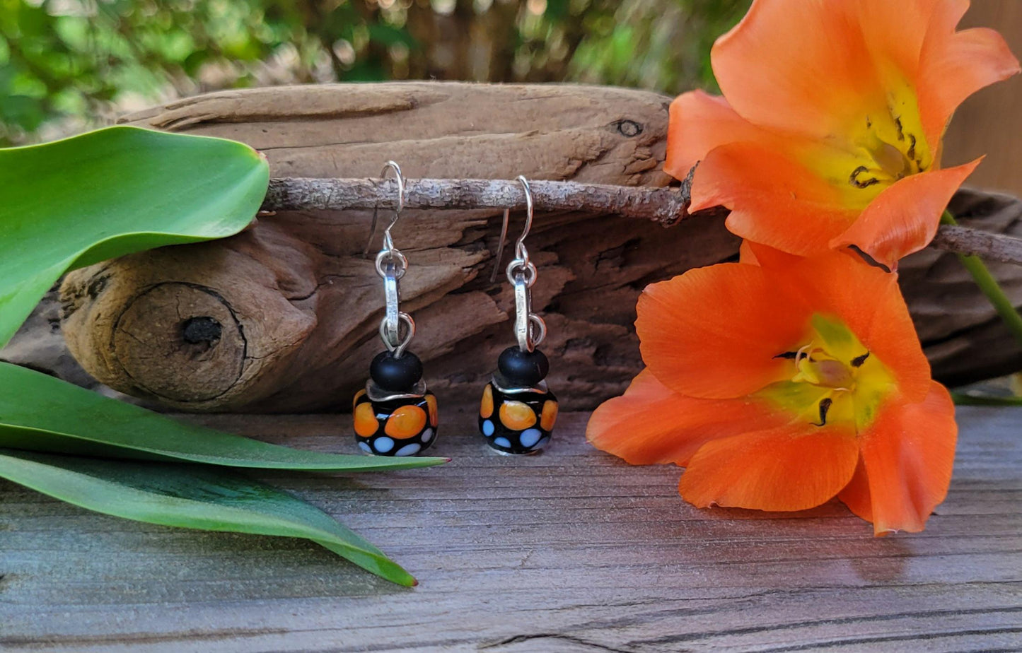 Monarch Butterflly Artisan Glass earrings - handmade glass beads, handformed sterling silver, orange, black, white, wings, beautiful gift