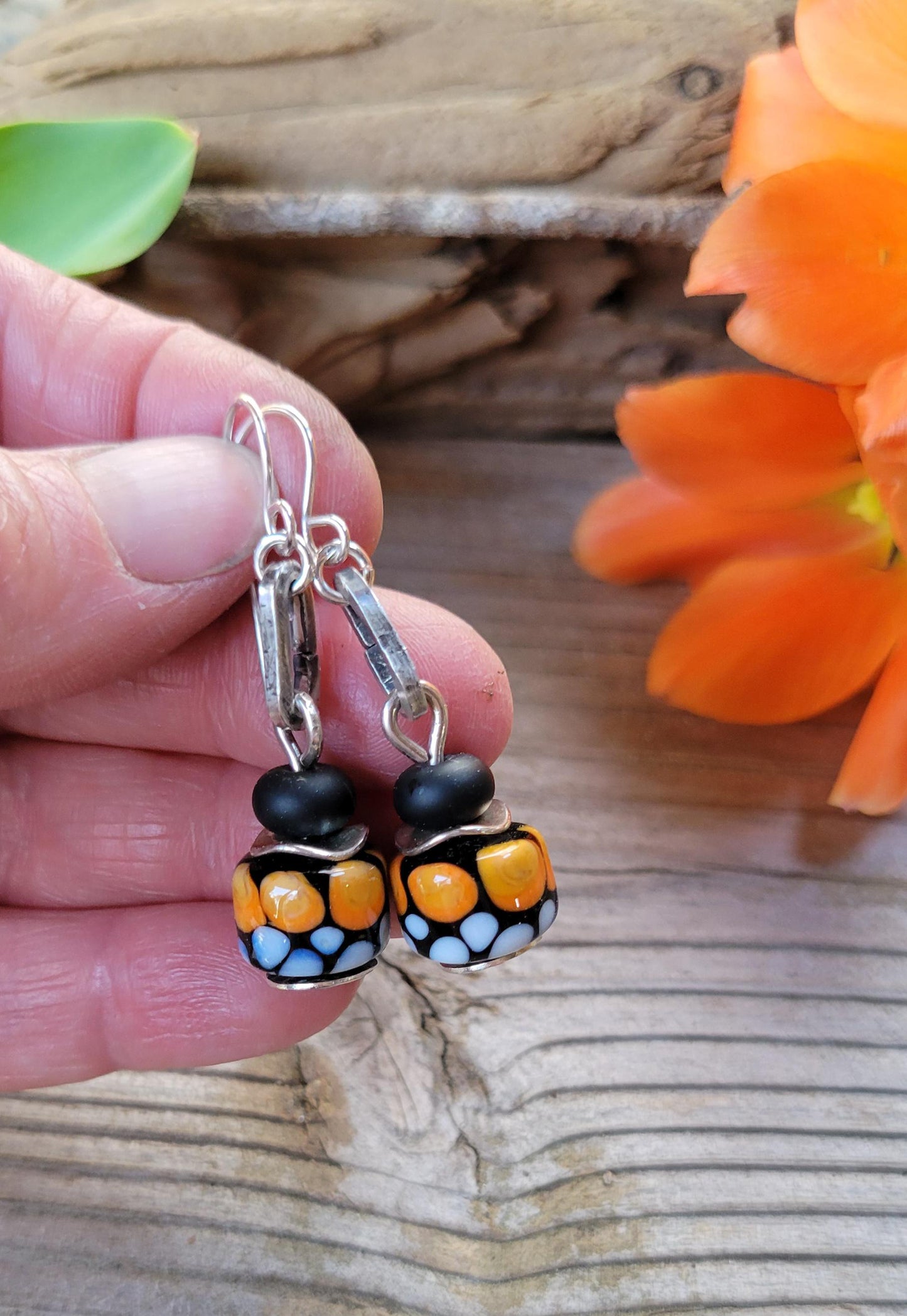 Monarch Butterflly Artisan Glass earrings - handmade glass beads, handformed sterling silver, orange, black, white, wings, beautiful gift