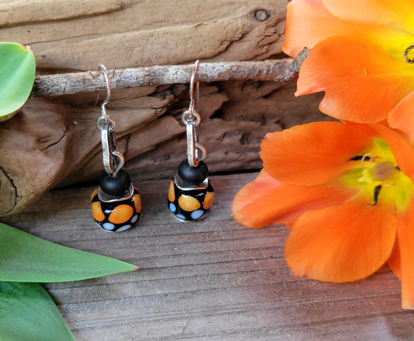 Monarch Butterflly Artisan Glass earrings - handmade glass beads, handformed sterling silver, orange, black, white, wings, beautiful gift