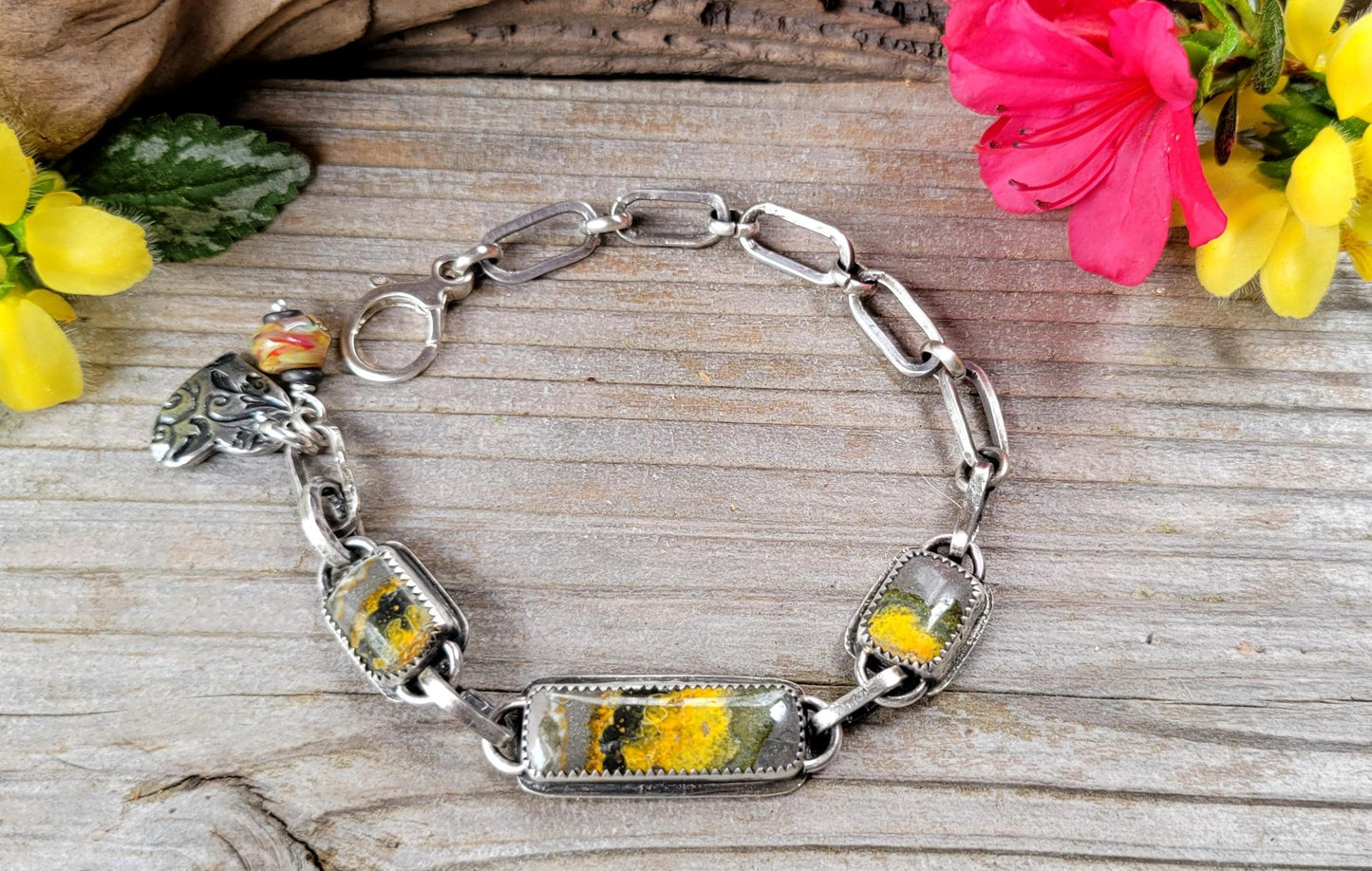 Yellow Bumblebee Jasper Sterling Silver Link Bracelet- handmade, hand crafted, natural stone, brushed matte finish, adjustable, unique, gift