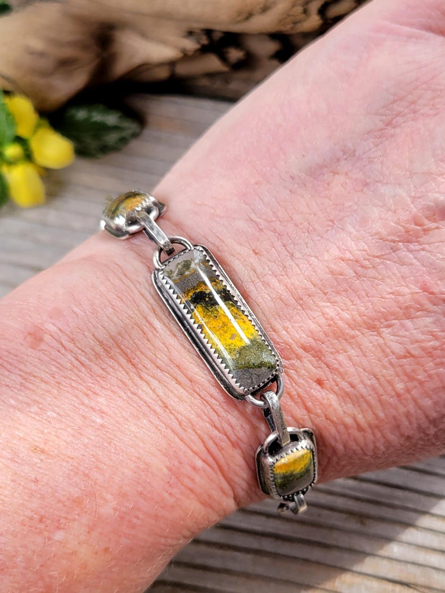 Yellow Bumblebee Jasper Sterling Silver Link Bracelet- handmade, hand crafted, natural stone, brushed matte finish, adjustable, unique, gift