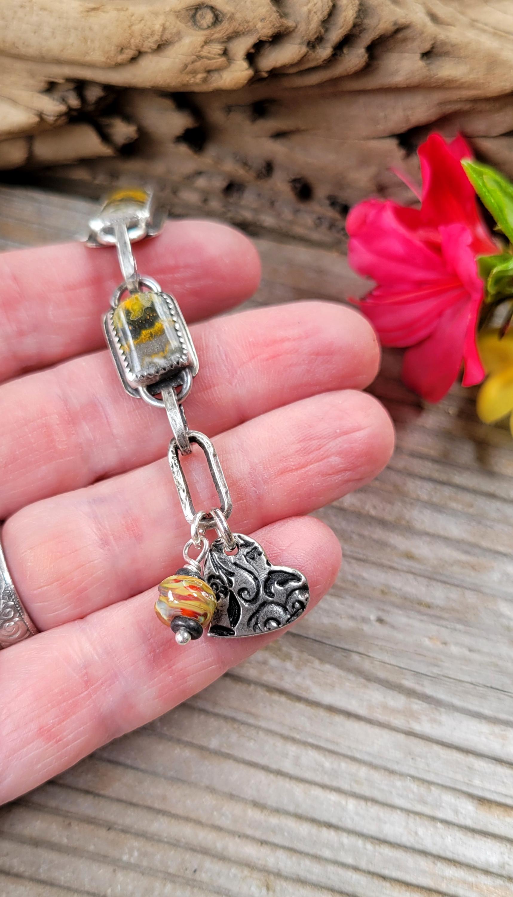 Yellow Bumblebee Jasper Sterling Silver Link Bracelet- handmade, hand crafted, natural stone, brushed matte finish, adjustable, unique, gift