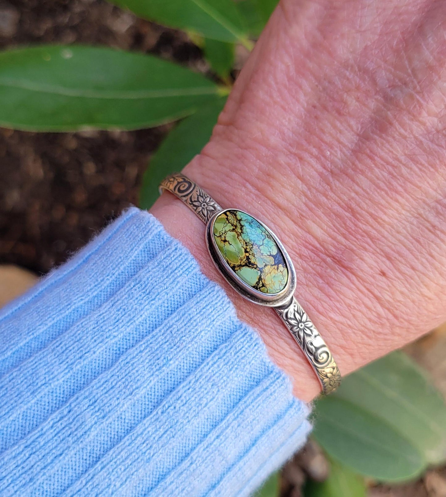 Green Turquoise Silver Cuff - handcrafted, handmade, natural green Qingu Hubei Turquoise, ethically sourced, floral pattern cuff, gift